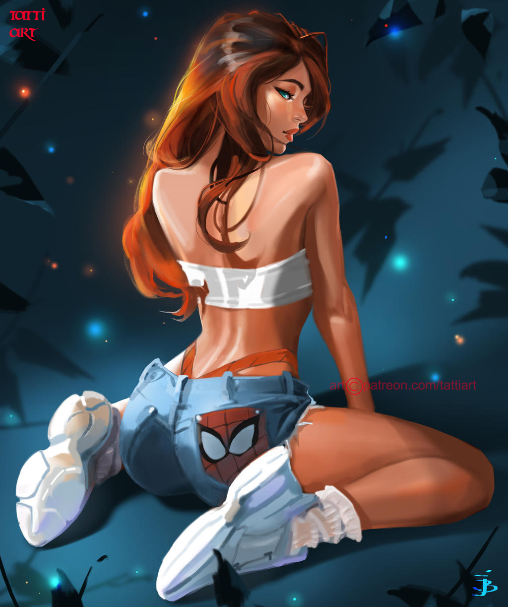 1girls, back, backview, blue eyes, curvaceous, curvy, curvy female, curvy figure, denim, denim shorts, exposed back, female, female focus, female only, hourglass figure, kneeling, legs, light skin, light-skinned female, looking back, marvel, marvel comics, mary jane watson, on knees, panties, pose, posing, rear view, red hair, shoes, sideways glance, solo, solo female, spider-man (series), tattiart, underwear, voluptuous, watermark, whale tail
