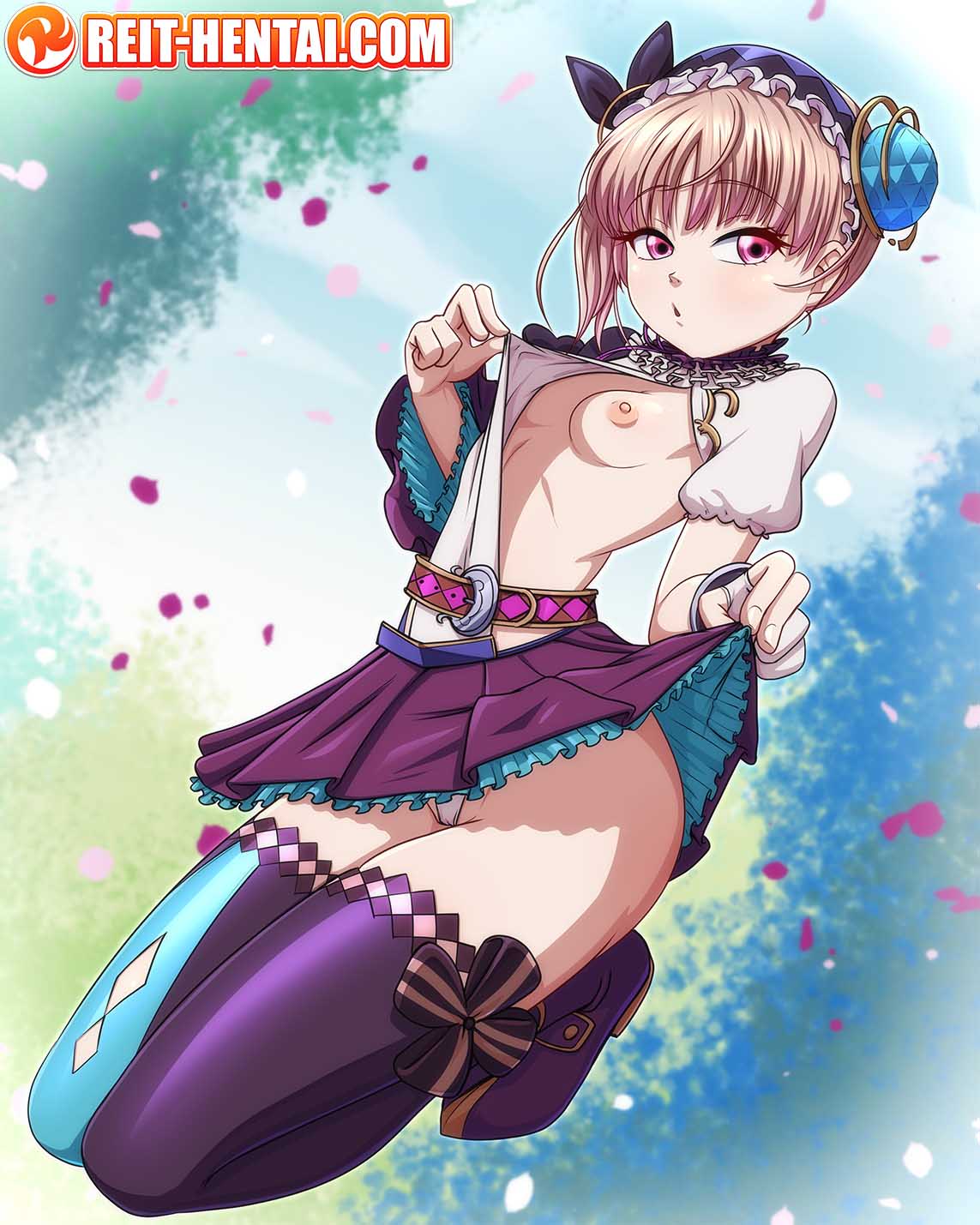 1girls 4:5 artist_website atelier_(series) atelier_lydie_&_suelle background cameltoe female looking_at_viewer lydie_malen nipples pink_eyes reit skirt skirt_lift skirt_up tagme watermark