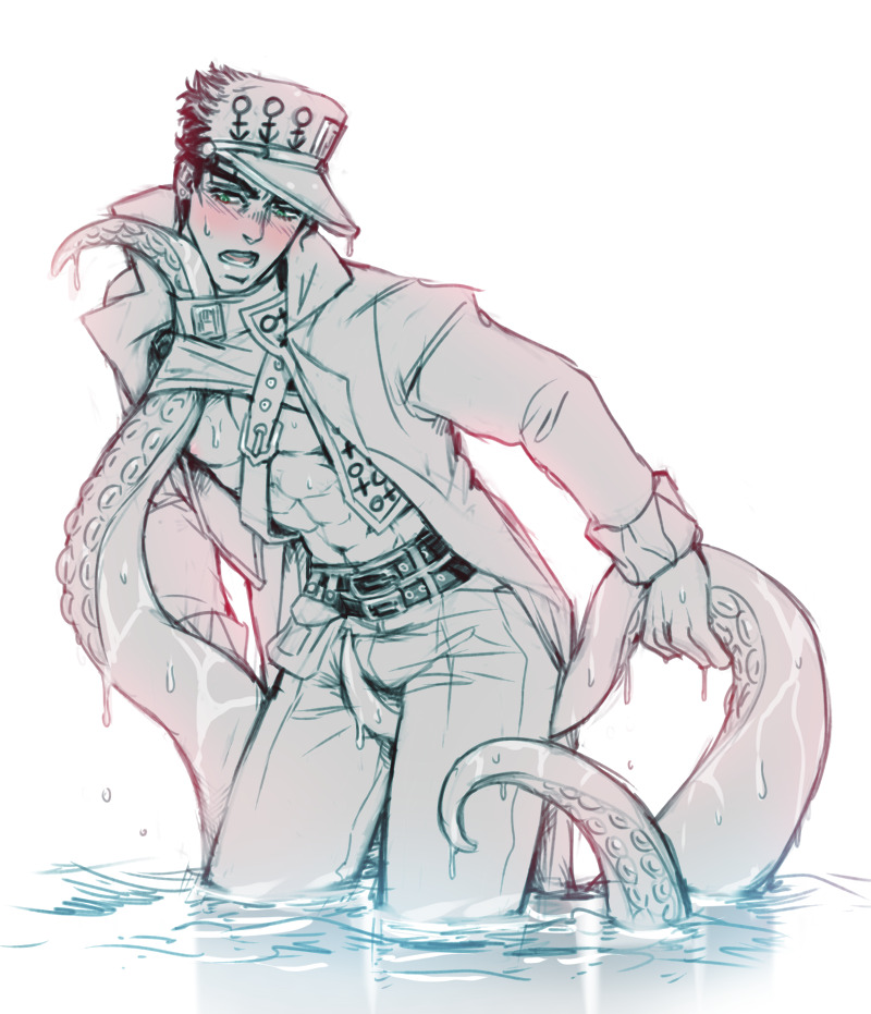 1boy aroused bulge bulge_fondling diamond_is_unbreakable greyscale jojo's_bizarre_adventure jotaro_kujo kora-jo male_only muscular muscular_male ocean octopus tentacle tentacle_rape tentacle_under_clothes