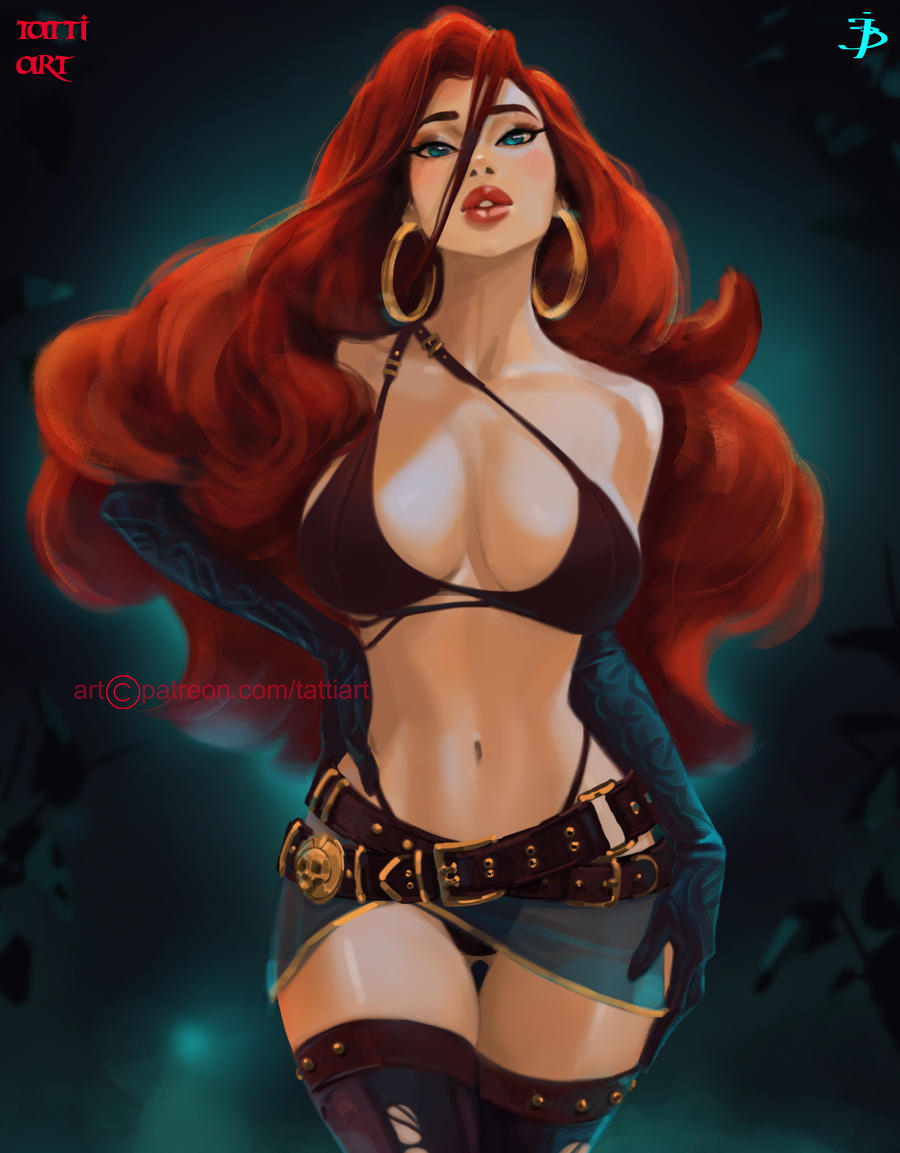 1girls, belt, blue eyes, breasts, cleavage, curvaceous, curvy, curvy female, curvy figure, earrings, exposed shoulders, exposed torso, female, female focus, female only, hoop earrings, hoop earrings oversized, hourglass figure, league of legends, legs, light skin, light-skinned female, lips, long hair, miss fortune, navel, pirate, pose, posing, red hair, solo, solo female, tattiart, thighs, voluptuous