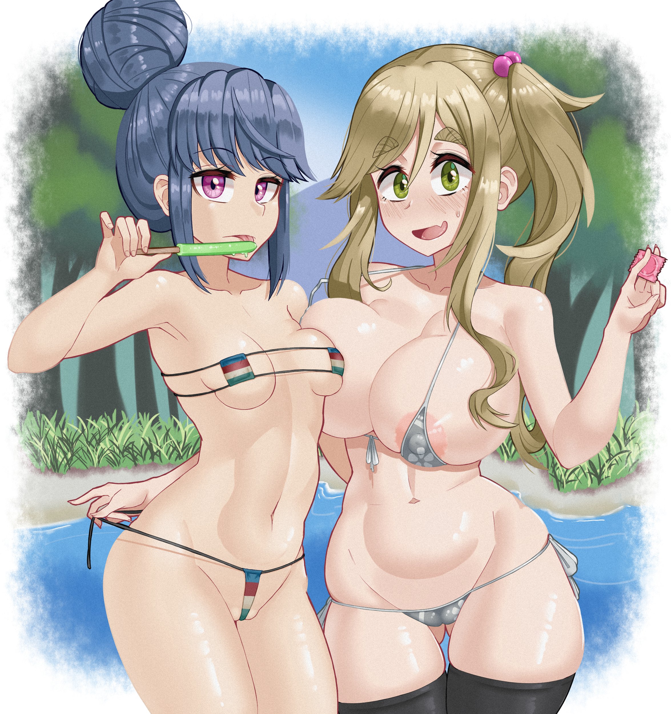 2girls, big breasts, bikini, bikini bottom, bikini top, blue hair, breasts, cleavage, condom, duo, duo focus, eyepatch bikini, female, female focus, female only, green eyes, hourglass figure, inuyama aoi, legwear, micro bikini, multiple females, multiple girls, nipples, popsicle, purple eyes, shima rin, standing, swimsuit, thick thighs, thighs, tied hair, tongue, tongue out, wide hips, young savage, yurucamp