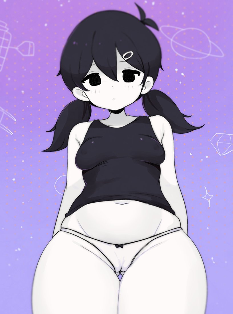 1girls black_hair blush_lines cameltoe chubby clarevoir curvy emotionless female female_only femomori genderswap_(mtf) low-angle_view midriff narrow_shoulders navel nipple_bulge nipples_visible_through_clothing no_pants omori omori_(character) panties pear_shaped rule_63 small_breasts solo tank_top thick_thighs twintails underwear white_panties white_skin wide_hips