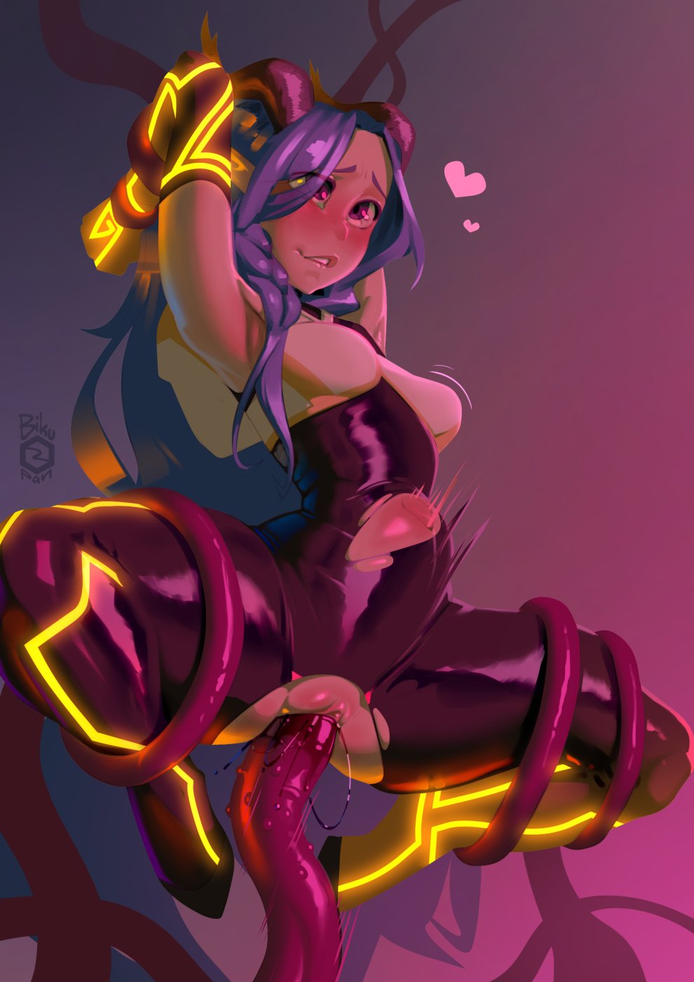 1girls, bikupan, blue hair, consensual tentacles, female, female focus, horns, stomach bulge, tentacle, tentacle sex