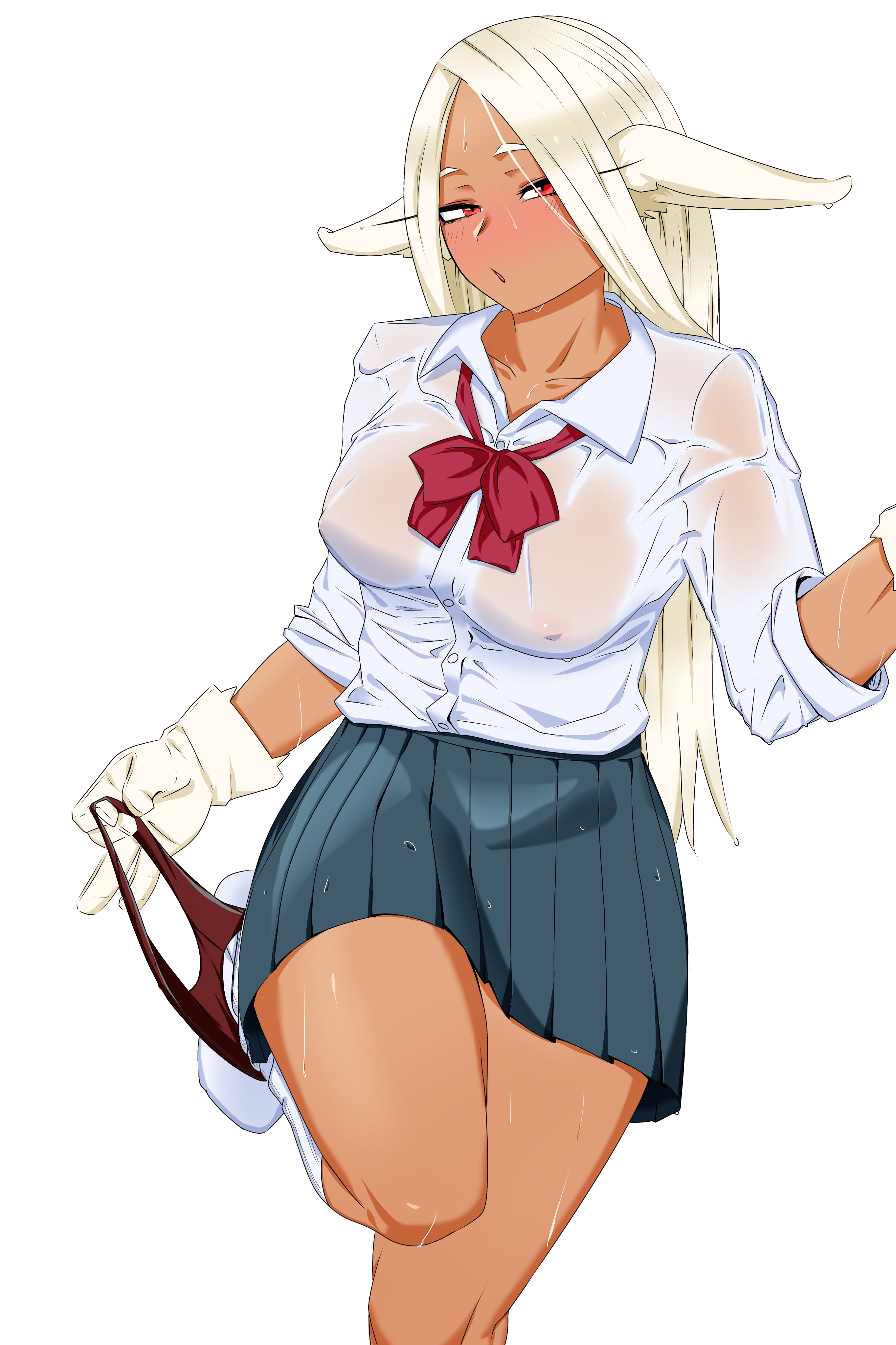 1girls, big breasts, breasts, bunny ears, eye contact, female, long hair, looking at viewer, miruko, my hero academia, panties, panties around one leg, red eyes, rumi usagiyama, ryuugu, school uniform, skirt, thick thighs, thighs, wet clothes, white hair