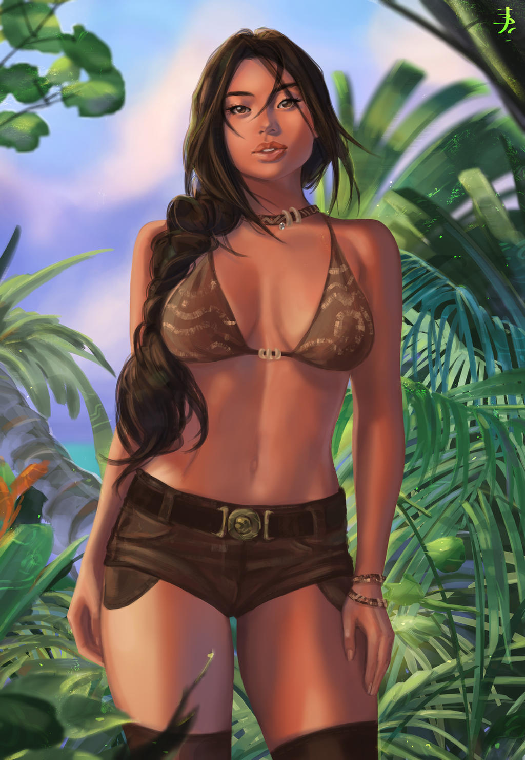 1girls, braid, braided hair, breasts, brown eyes, brown hair, choker, cleavage, curvaceous, curvy, curvy female, curvy figure, exposed shoulders, exposed torso, female, female focus, female only, jungle, lara croft, lara croft (classic), legs, light skin, light-skinned female, outdoors, outside, short shorts, solo, solo female, tattiart, tomb raider, tomb raider (classic), voluptuous