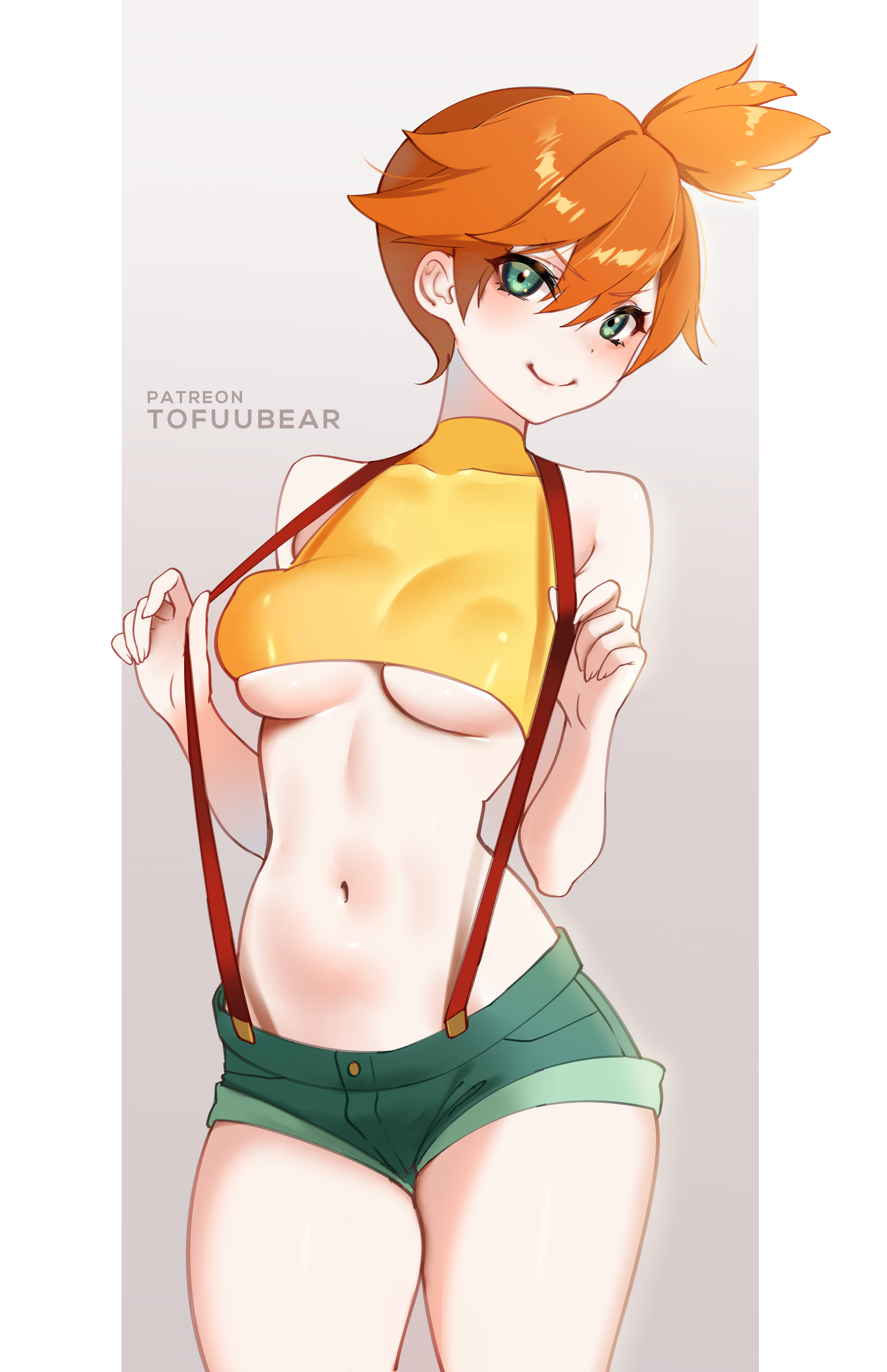 1girls, aged up, alternate breast size, big breasts, breasts, female, female only, horny, kasumi (pokemon), large breasts, midriff, nipple bulge, nipples visible through clothing, pokemon, pokemon rgby, short shorts, solo, suspenders, tofuubear, tomboy