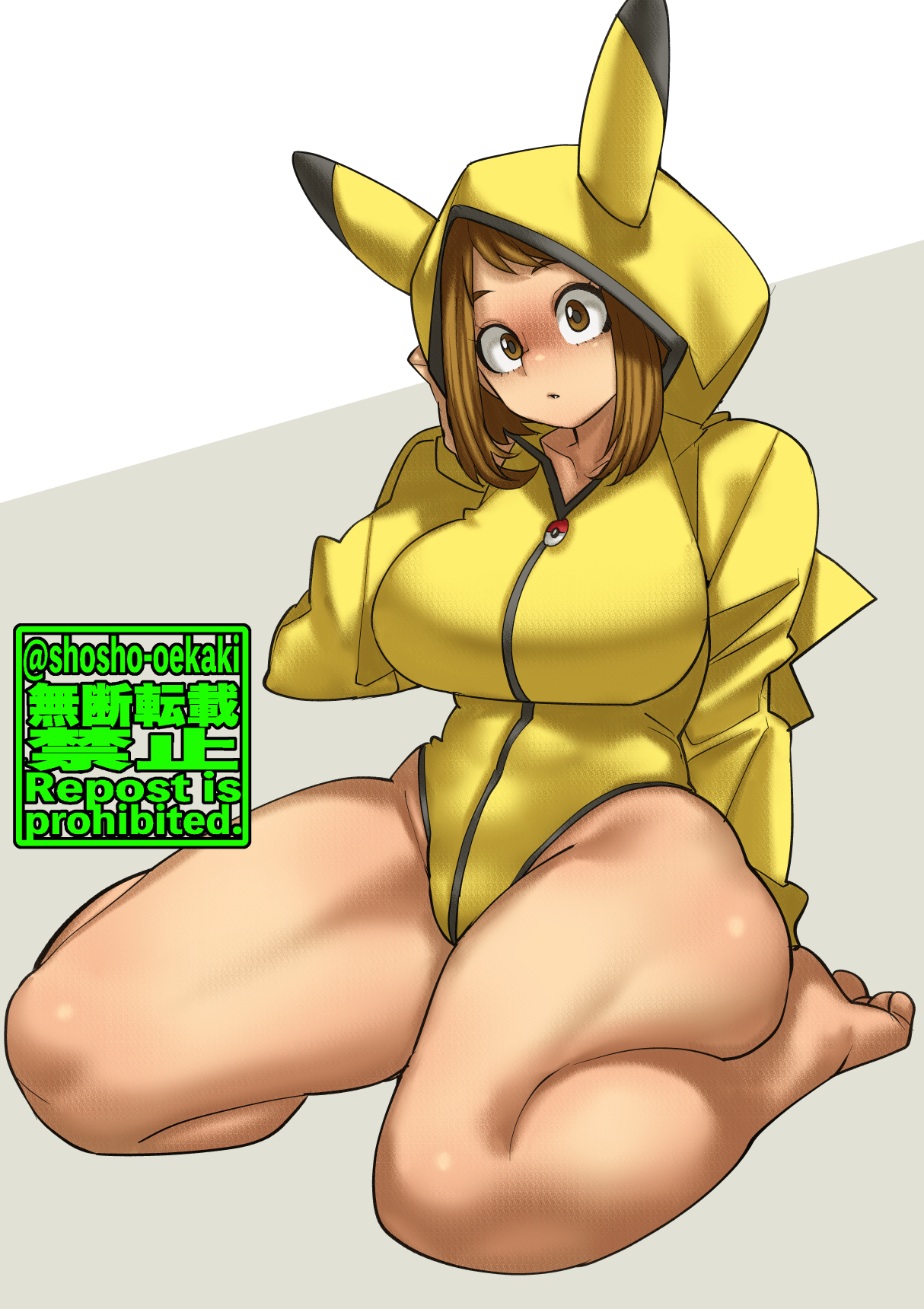1girls, big breasts, breasts, brown eyes, brown hair, brown-haired female, cute, eye contact, feet, female, looking at viewer, my hero academia, ochako uraraka, pikachu (cosplay), pokemon, pokemon (cosplay), short hair, shosho oekaki, solo, thick thighs, wide hips