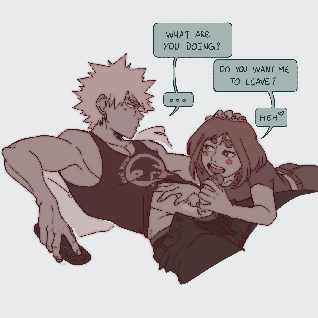 1boy, 1girls, assertive, english text, female, hand on another's stomach, hand on head, hand on penis, handjob, holding penis, imminent fellatio, imminent oral, katsuki bakugou, male, muscular, my hero academia, noname o, ochako uraraka, oral, penis, pink cheeks, spiky hair, straight, text