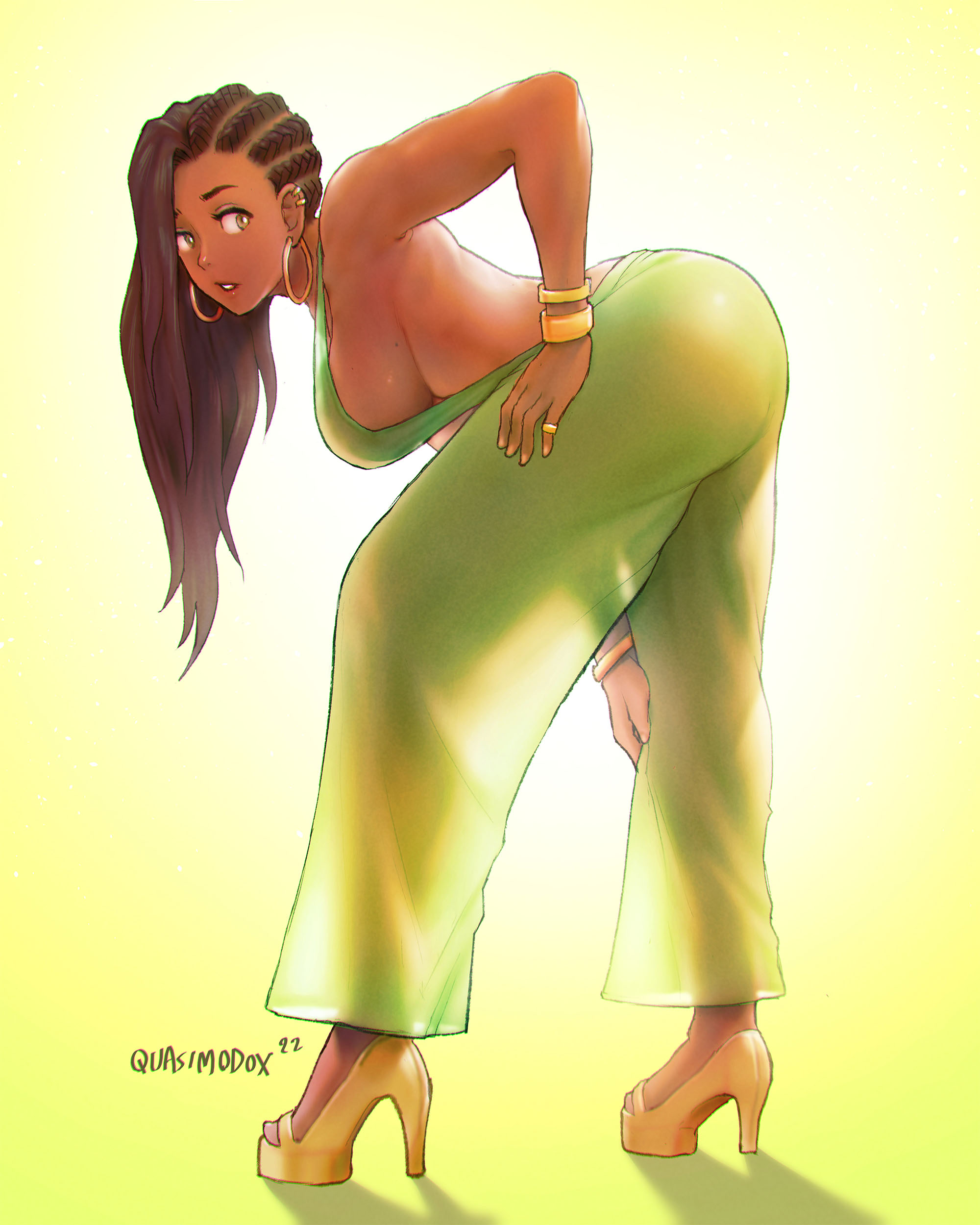 1girls, asian latina, bent over, black hair, bracelet, braids, brazilian, brazilian female, breasts, dark skin, dark-skinned female, female, green clothing, hand on leg, heels, hoop earrings, large breasts, latina, laura matsuda, mole, mole on breast, quasimodox, sideboob, solo, street fighter, street fighter v, transparent clothing