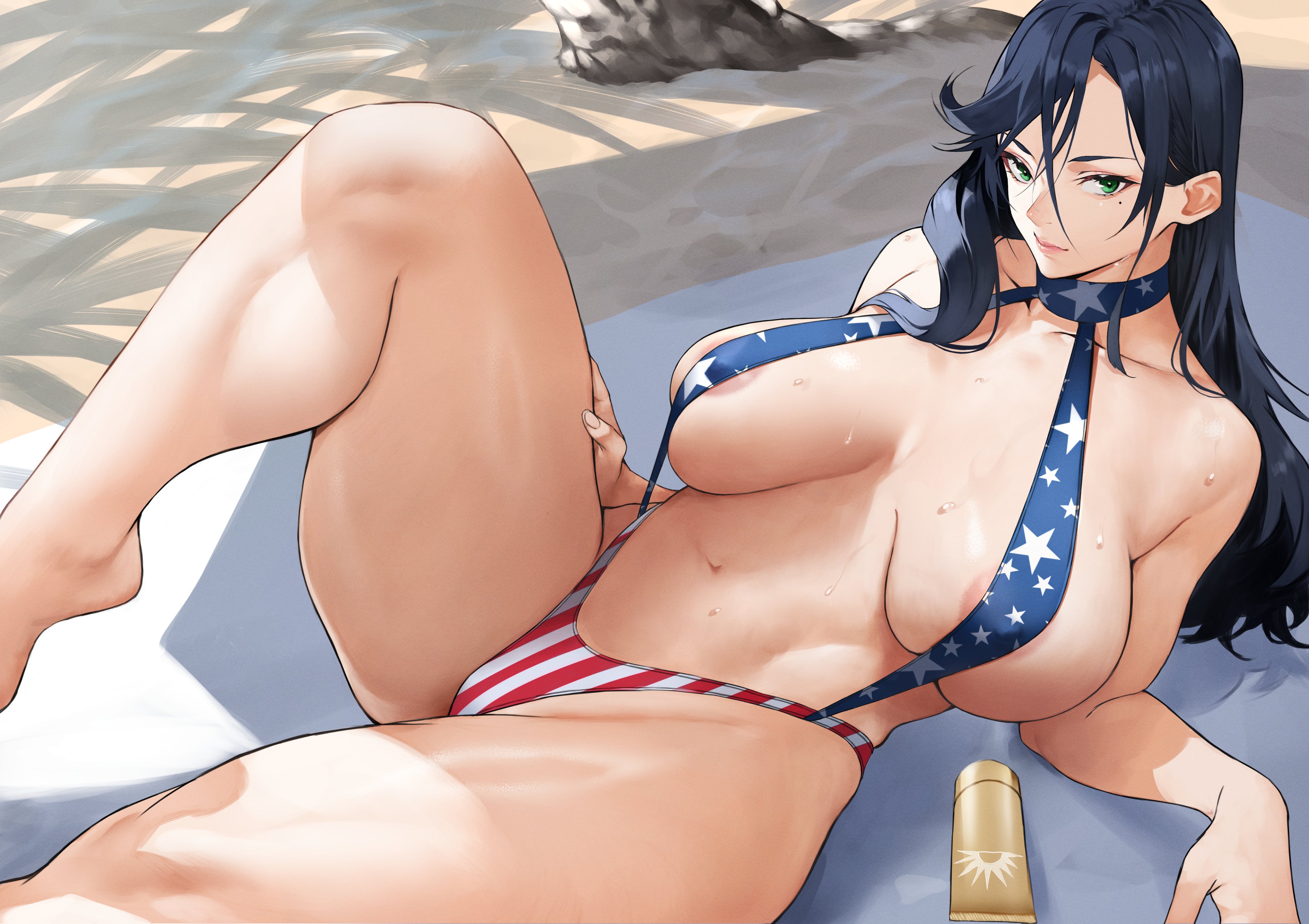 1girls, absurd res, american flag bikini, beach, bikini, black hair, breasts, cleavage, female, female only, green eyes, hi res, large breasts, long hair, looking at viewer, mole, mole under eye, original, solo, swimsuit, thighs, wide hips, yoshi55level