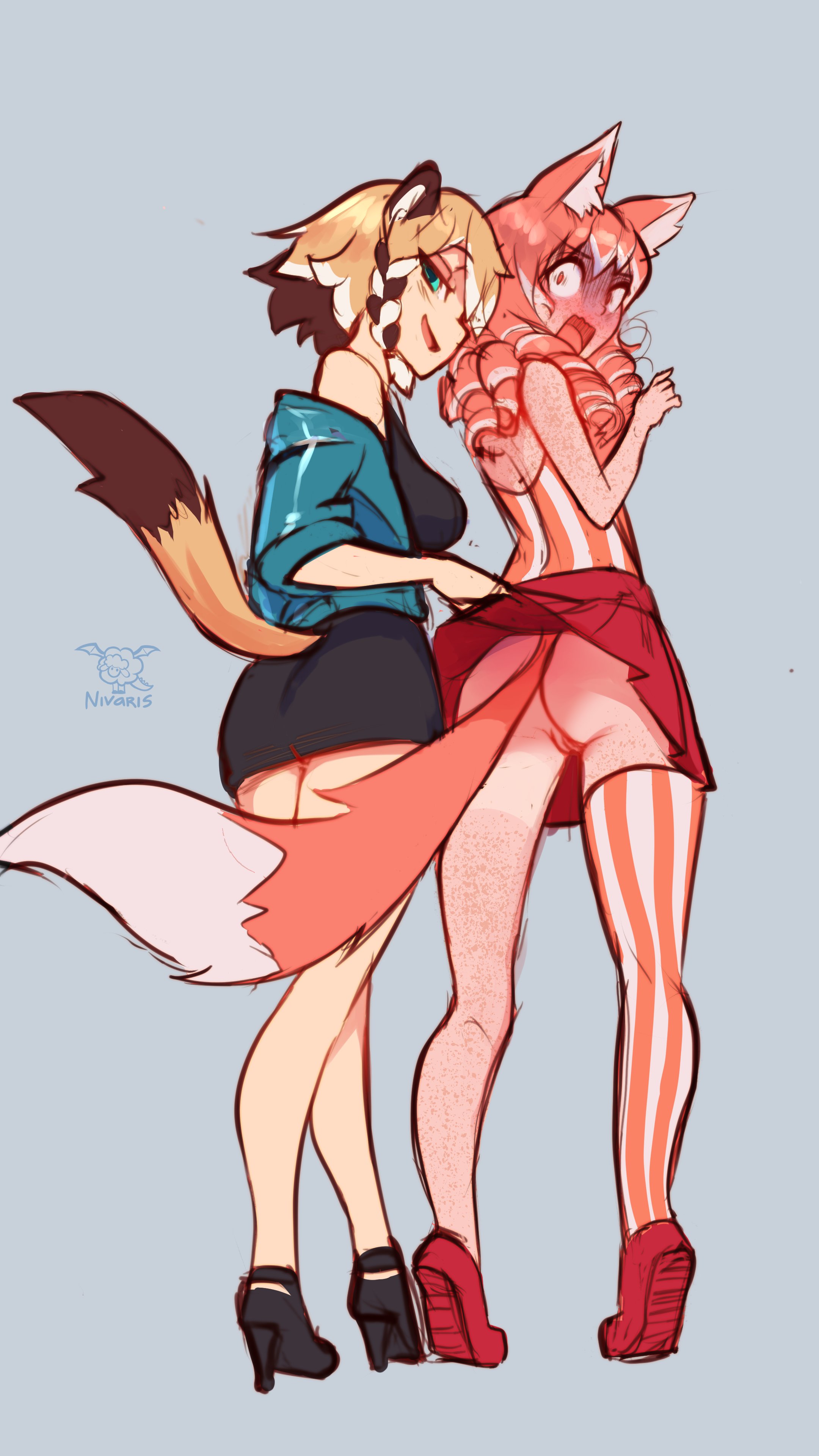 2girls, animal ears, animal tail, assisted exposure, brown hair, drill hair, female, ferret, fox ears, fox girl, fox tail, freckles, green eyes, heels, lifting skirt, long hair, looking back, multiple females, multiple girls, open mouth, original, original character, public, public exposure, public indecency, pussy, red hair, shocked, short hair, single thighhigh, skirt, skirt lift, smug, sunsetniva, tanlines, tiptoes, tira (poppytart)