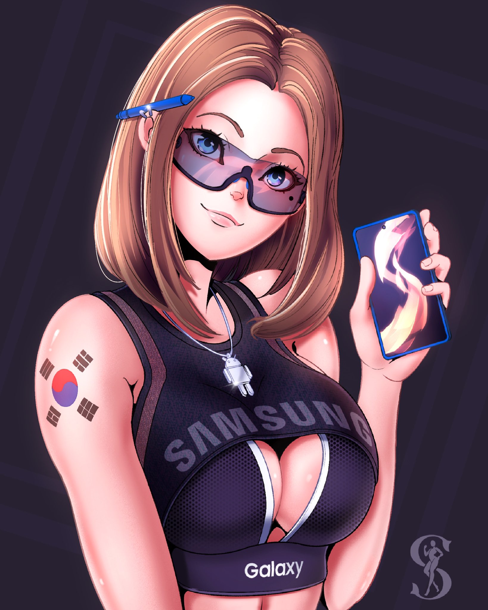 1girls, big breasts, blue eyes, breasts, brown hair, cleavage, eyewear, female, female only, fully clothed, korean, phone, purple-tinted eyewear, samsung, samsung sam, solo, spiritdraws, sunglasses, tinted eyewear
