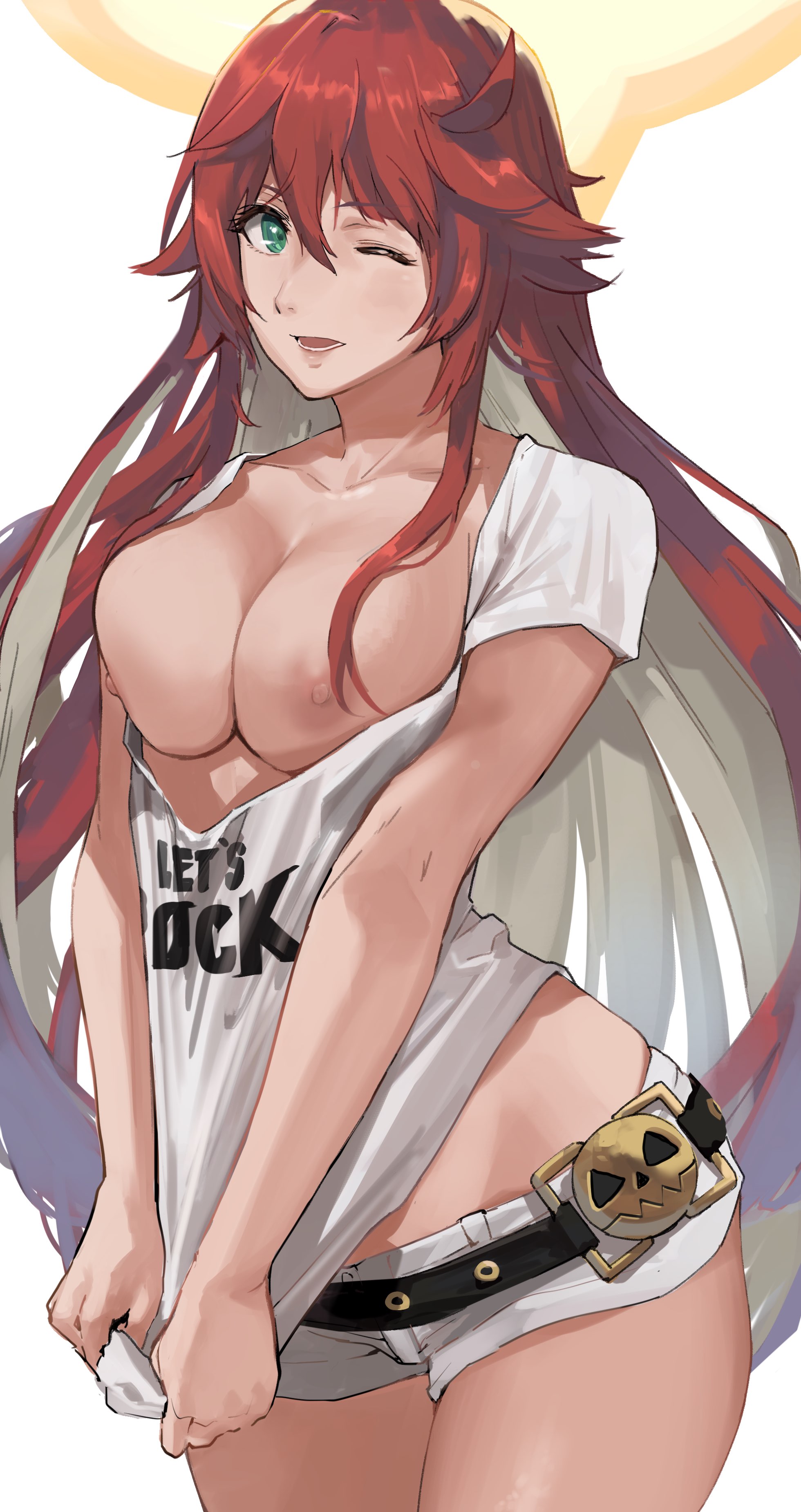 1girls, breast squeeze, breasts, breasts out, clothing, clothing pull, exposed breasts, female, female only, green eyes, guilty gear, hips, j@ck, jack-o' valentine, long hair, red hair, shirt pull, short shorts, shorts, solo, thighs, topless, white hair, white shirt, white shorts, wink