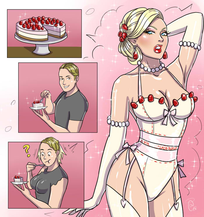 1boy 1girls bimbo bimbofication blonde_hair blue_eyes bow_ribbon breast_expansion cheesecake cleavage corset_bra elbow_gloves elegant gender_transformation genderswap_(mtf) hourglass_figure kittymellow male_to_female mtf_transformation pearls red_lipstick rule_63 strawberry transformation white_lingerie