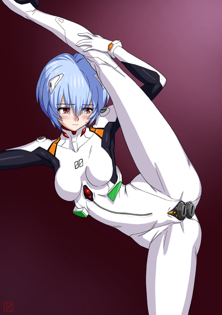 anal plug, ass, blue hair, blush, bodysuit, bondage, breasts, buttplug, clothed masturbation, clothing, dildo, double penetration, embarrassed, female, hips, legs, masturbation, medium breasts, neon genesis evangelion, plug (sex toy), plugsuit, red eyes, rei ayanami, sex toy, short hair, skin tight, thighs