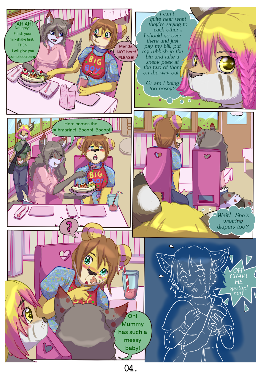 2014 anthro babystar biped blush clothing comic detailed_background dialogue english_text felid feline female fur group hair hi_res lynx male mammal shirt sitting speech_bubble standing star_(babystar) text topwear trio