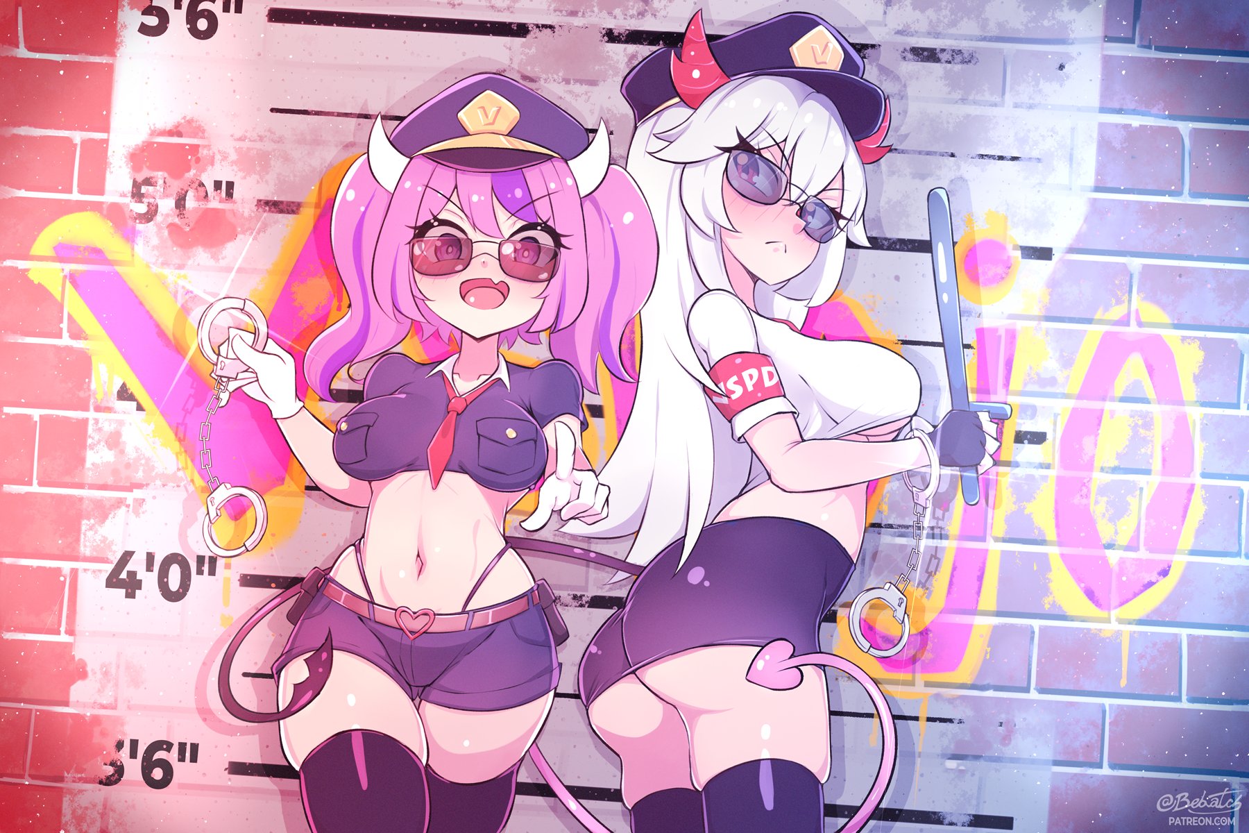 2girls, ass, baton, bebatch, belly shirt, big ass, blush, breasts, cleavage, cosplay, crop top, demon, demon girl, demon horns, demon tail, devil tail, female, fingerless gloves, frown, gloves, handcuffs, horns, ironmouse, jean shorts, large breasts, looking at viewer, medium breasts, midriff, miniskirt, multicolored hair, multiple females, multiple girls, navel, nightstick, open mouth, pencil skirt, pink hair, pink-tinted eyewear, pointing at viewer, police, police baton, police uniform, policewoman, purple eyes, purple hair, red eyes, short shorts, shorts, shortstack, skindentation, skirt, smile, succubus, sunglasses, thick thighs, thighhighs, thighs, thong, tinted eyewear, two-tone hair, underboob, veibae, virtual youtuber, vshojo, white hair