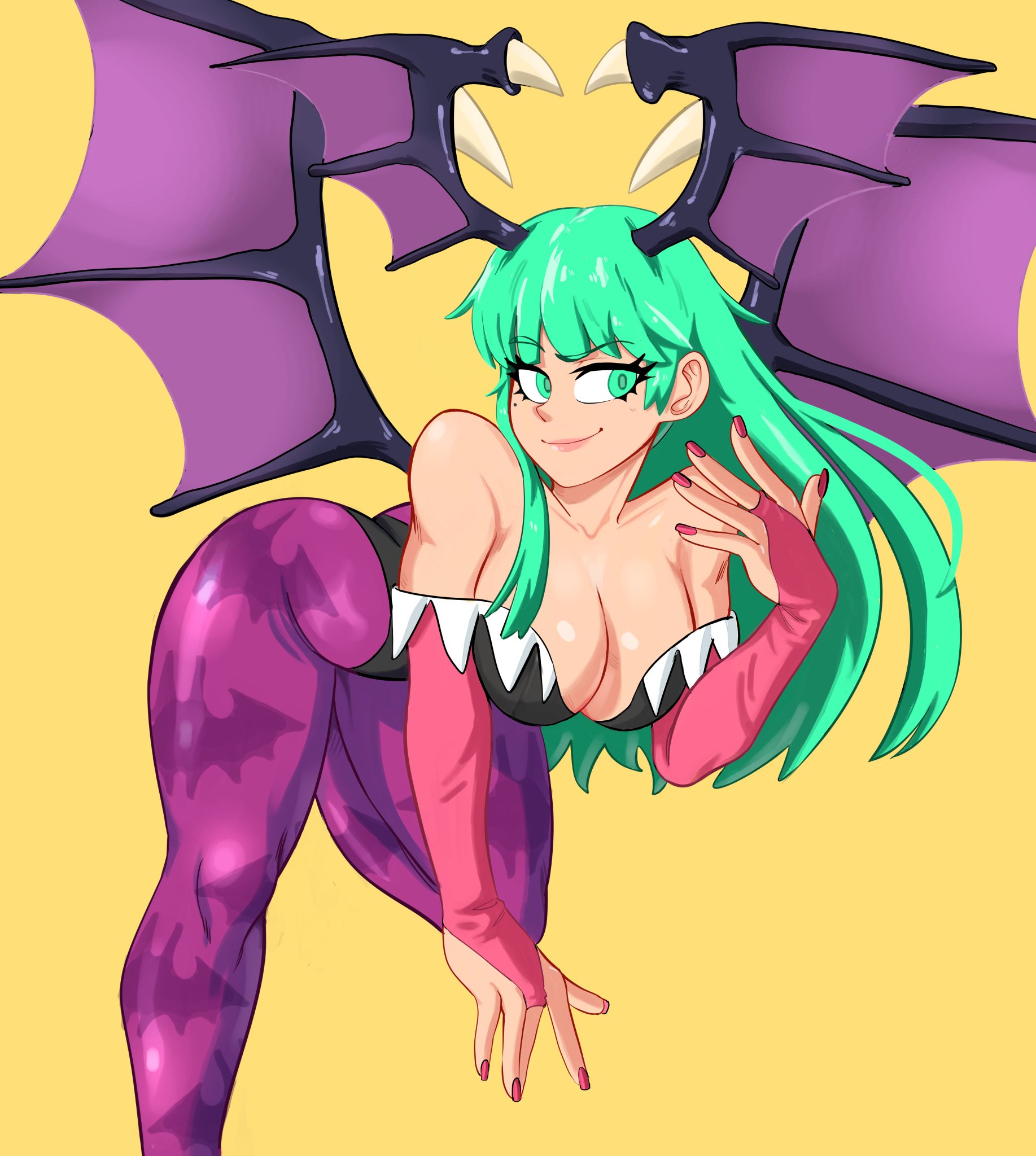 breasts, clothing, darkstalkers, demon, female, green eyes, green hair, large breasts, morrigan aensland, mossy (artist), official mossy, succubus