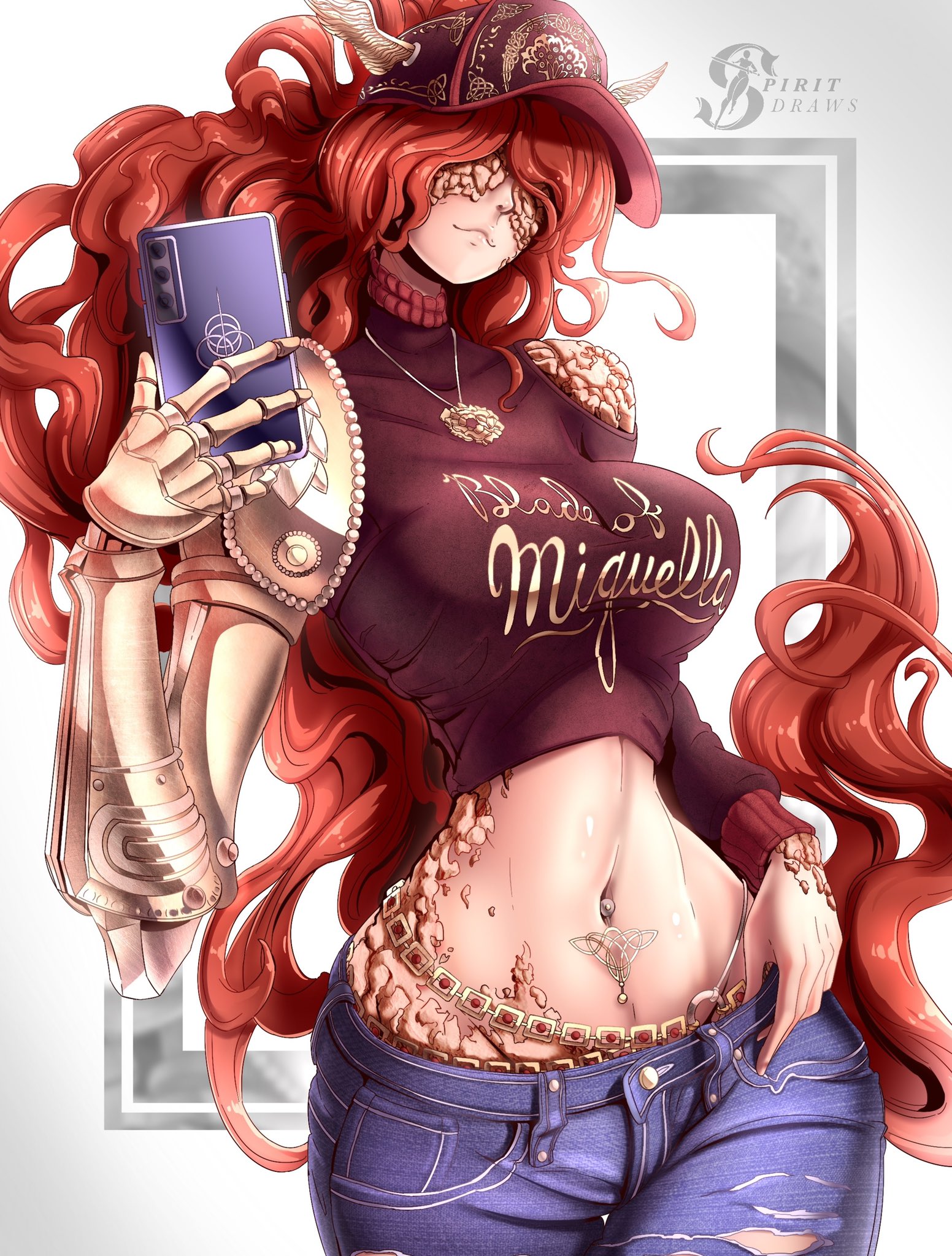 1girls, abs, alternate timeline, big breasts, breasts, clothing, elden ring, female, female only, fromsoftware, malenia blade of miquella, midriff, modern au, phone, selfie, solo, solo female, spiritdraws