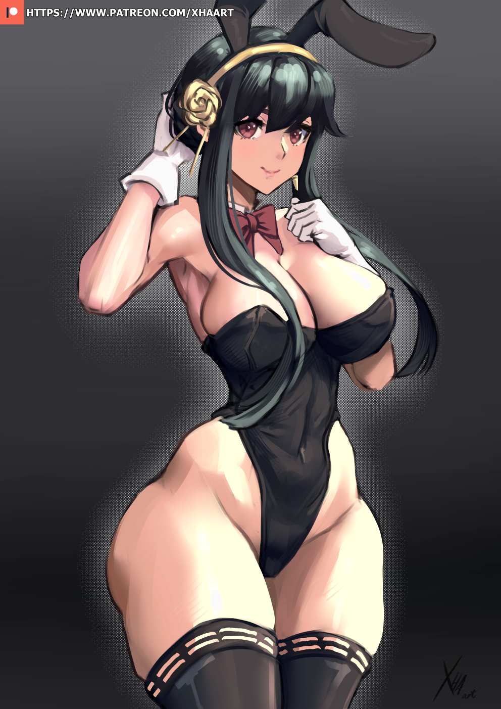 1girls assassin big_breasts black_background black_hair bunny_ears bunnysuit collar female female_human gloves headband hip_dips human large_breasts leotard light-skinned_female mature_female slim_waist spy_x_family thick_thighs thighhighs thorn_princess wide_hips xhaart yor_briar yor_forger