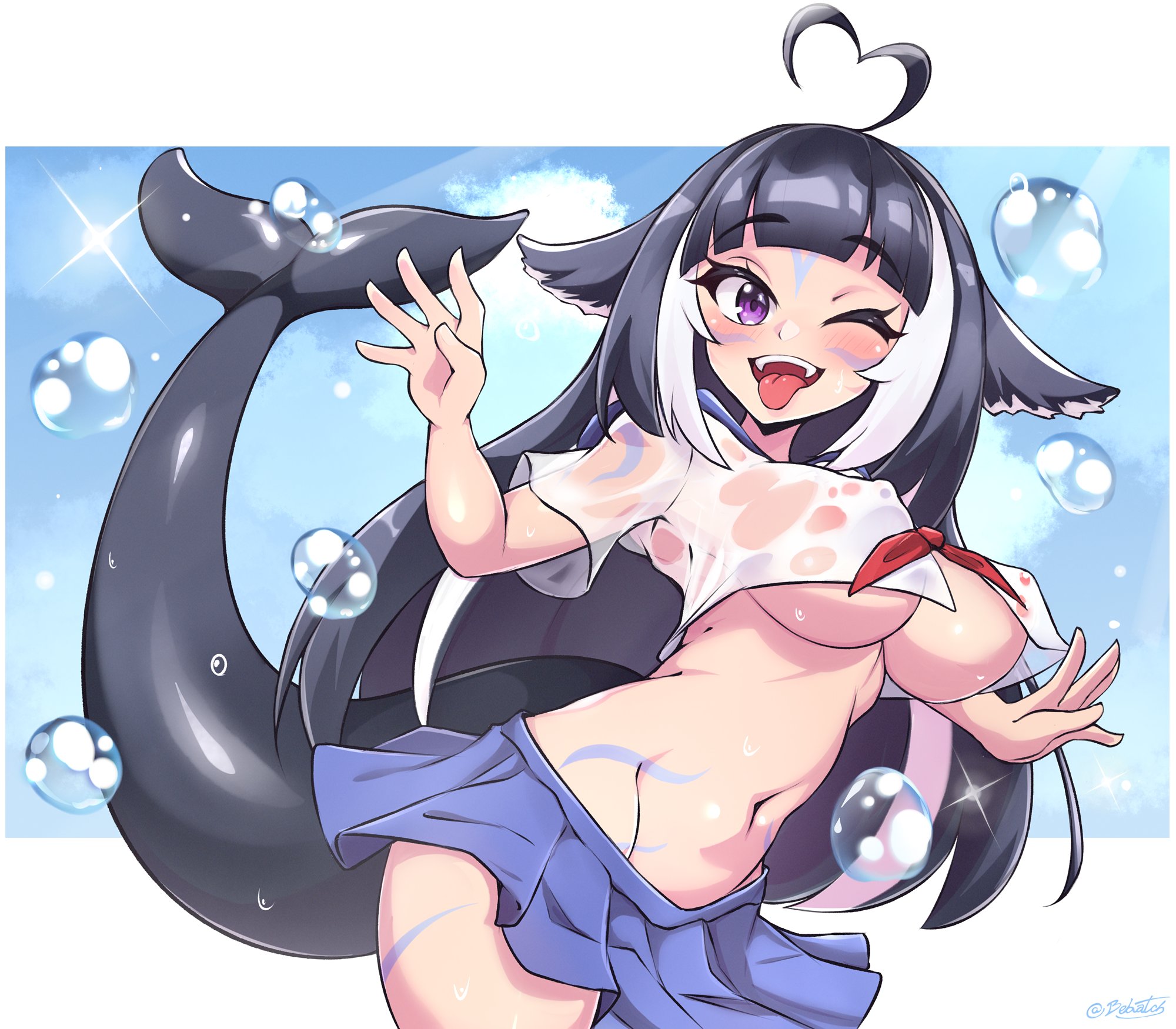1girls, ahoge, athletic, athletic female, bebatch, black hair, breasts, crop top, female, heart-shaped ahoge, indie virtual youtuber, large breasts, looking at viewer, midriff, miniskirt, multicolored hair, navel, nipples, nipples visible through clothing, open mouth, purple eyes, school uniform, see-through, shylily, skirt, tail, tattoo, thighs, tongue, tongue out, two-tone hair, underboob, very long hair, virtual youtuber, wet, wet clothes, whale tail, white hair, wink