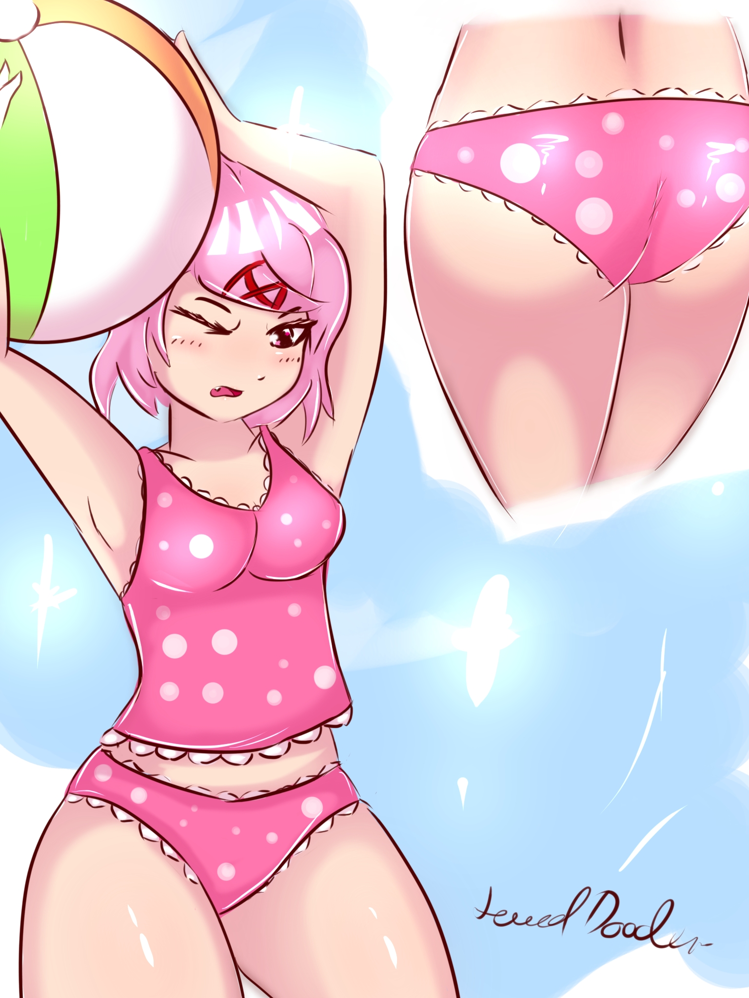 1girls, ass, beach ball, doki doki literature club, female, female only, lewddoodler, natsuki (doki doki literature club), pink eyes, pink hair, shiny skin, solo, swimsuit, swimwear
