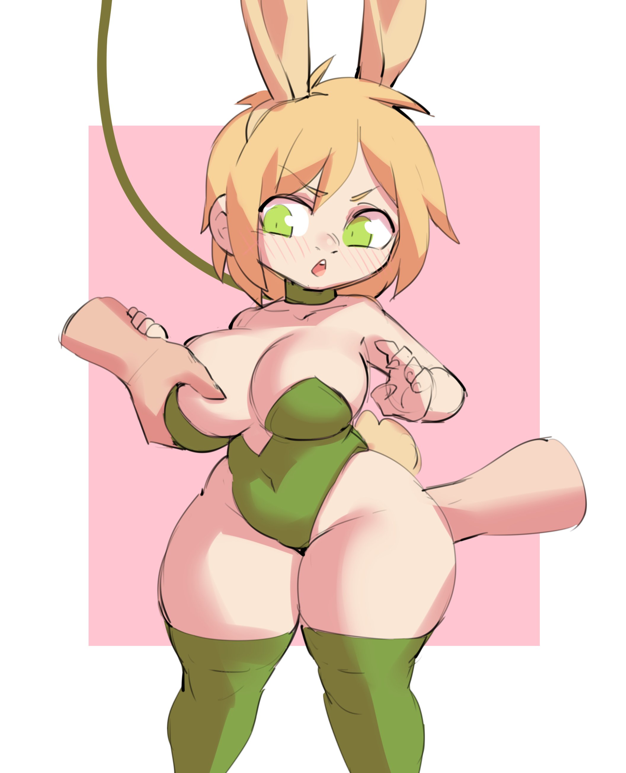 1girls, absurd res, blonde hair, borvar, breast grab, breasts, bunny ears, bunny girl, bunny tail, bunnysuit, cleavage, collar, female, female focus, female only, green eyes, hi res, large breasts, leash, lizala toughnut, original, original character, shortstack, solo, thick thighs, thighhighs, thighs, wide hips