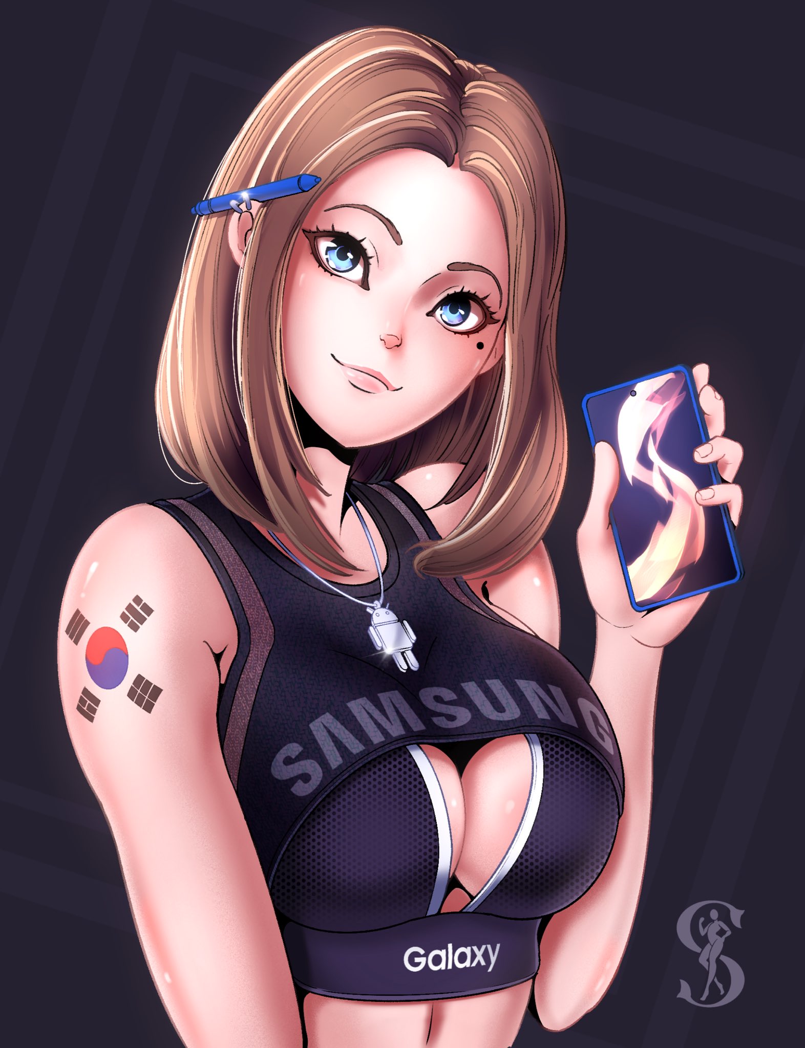 1girls, big breasts, blue eyes, breasts, brown hair, cleavage, female, female only, fully clothed, korean, phone, samsung, samsung sam, solo, spiritdraws