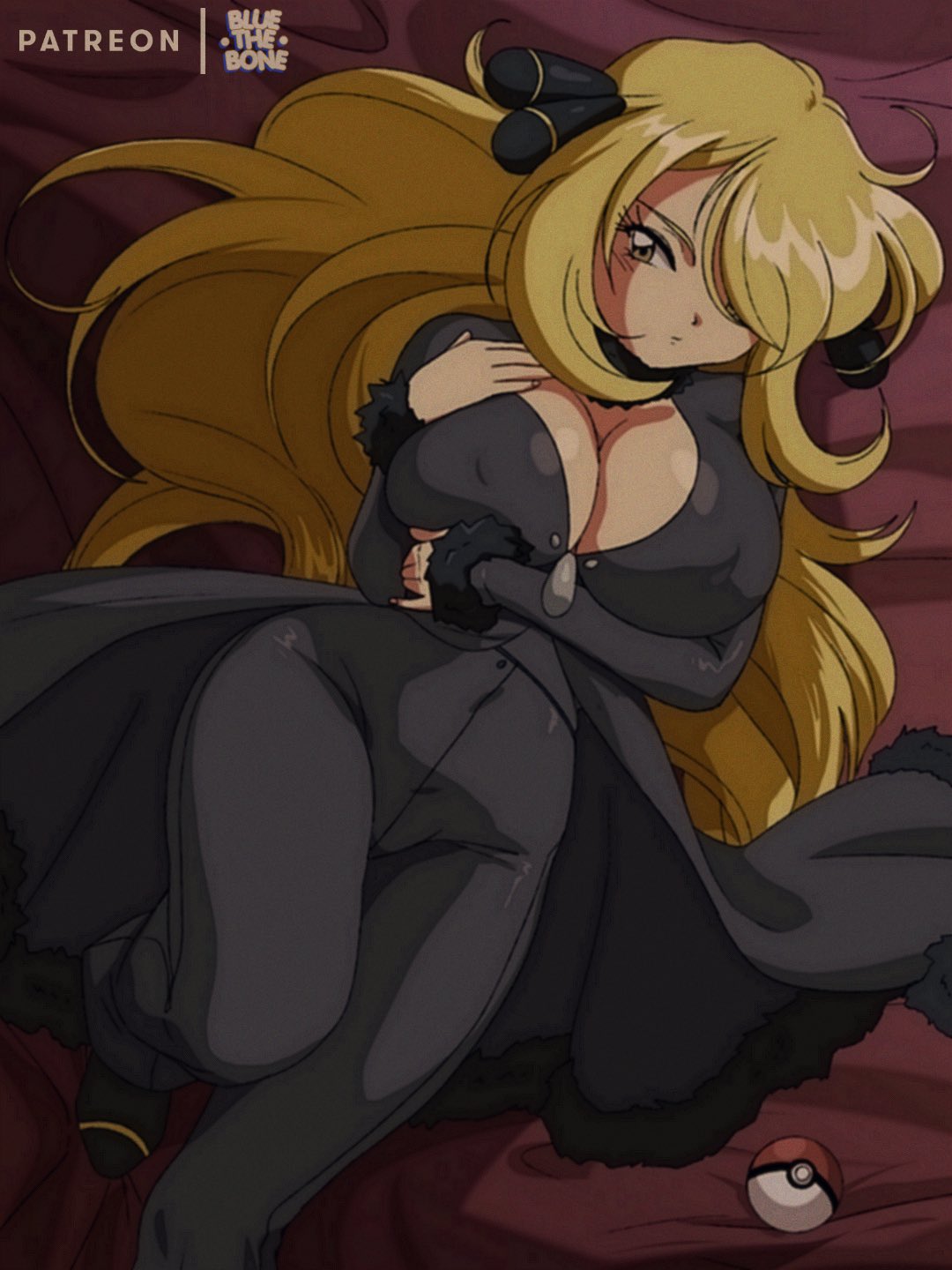 1girls, alternate breast size, blonde hair, bluethebone, breasts, cleavage, cynthia (pokemon), female, female only, grey eyes, hair over one eye, hi res, large breasts, lying, lying on back, nintendo, pokemon, pokemon dppt, retro artstyle, solo, wide hips