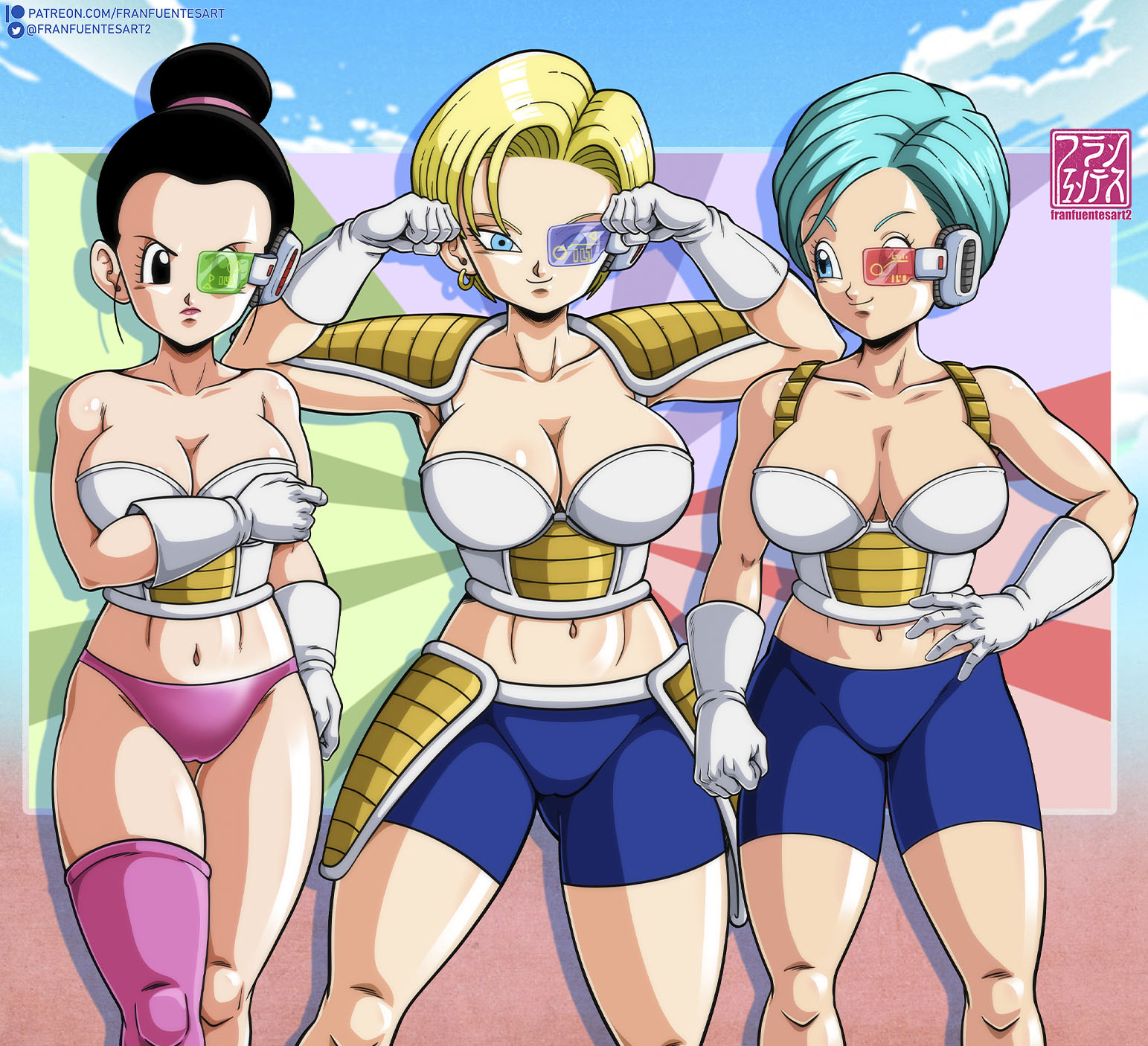 3girls, abs, android 18, armor, artist logo, artist name, asymmetrical legwear, big breasts, black eyes, black hair, blonde hair, blue eyes, blue hair, breasts, bulma briefs, chichi, cleavage, collarbone, dragon ball, dragon ball super, dragon ball z, earrings, female, female focus, female only, flexing, franfuentesart2, gloves, green-tinted eyewear, grin, hand on hip, light skin, light-skinned female, looking at another, looking at viewer, navel, pose, purple-tinted eyewear, red-tinted eyewear, saiyan armor, scouter, short hair, smile, thighs, tied hair, tinted eyewear, white gloves