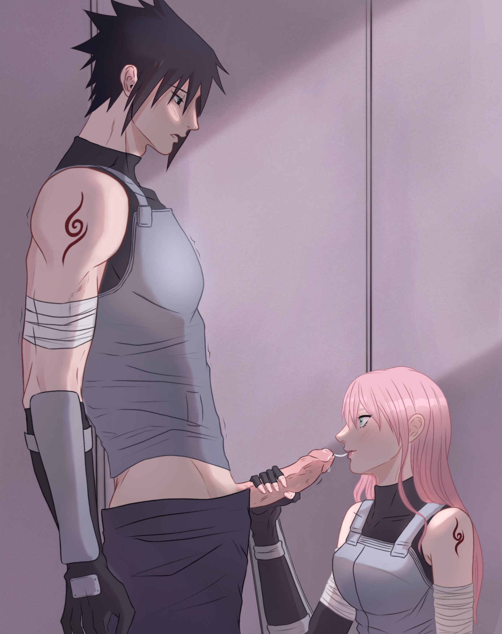 1boy, 1girls, anbu (naruto), anbu tattoo, arm tattoo, bandage, black hair, blowjob, clothing, fellatio, female, fingerless gloves, genitals, green eyes, jyacira1, male, male/female, naruto, naruto (series), naruto shippuden, oral, penis, penis grab, pink hair, sakura haruno, saliva trail, sasuke uchiha, straight, tattoo