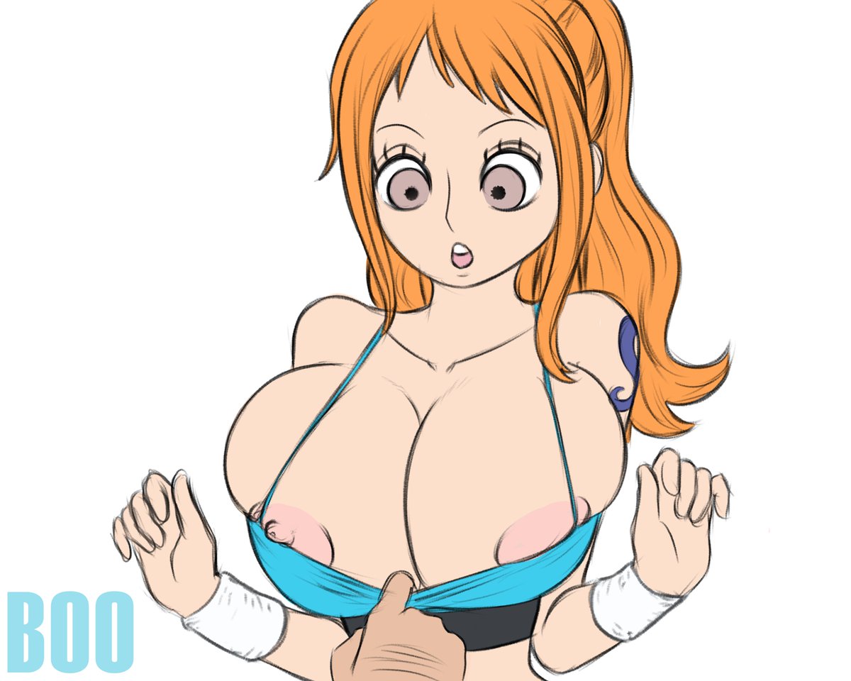 2d areola_slip assisted_exposure big_breasts biggies00 breasts color female jpeg male nami nipple_bulge nipple_slip nipples one_piece open_mouth orange_hair red_hair unseen_male_face white_background wristband