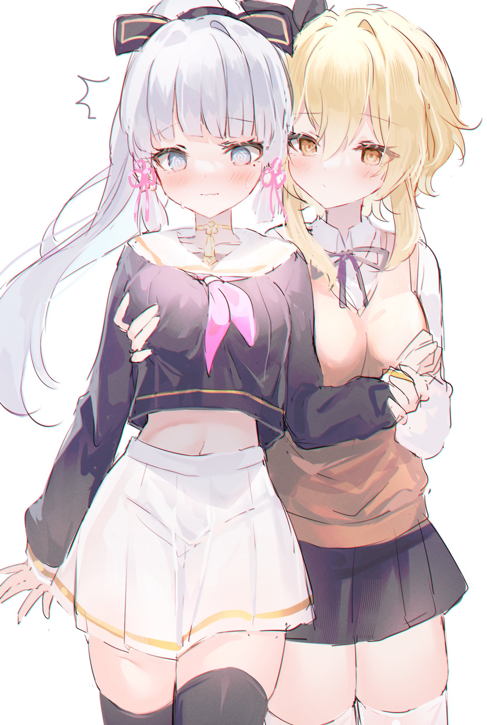 2girls, bangs, black legwear, blonde hair, blush, breast grab, breasts, embarrassed, female, genshin impact, grabbing, grabbing from behind, hair ornament, highres, huge breasts, kamisato ayaka, legwear, long hair, lumine (genshin impact), medium breasts, miniskirt, navel, shirt, shouu-kun, thighhighs, thighs, white hair, white legwear, yuri