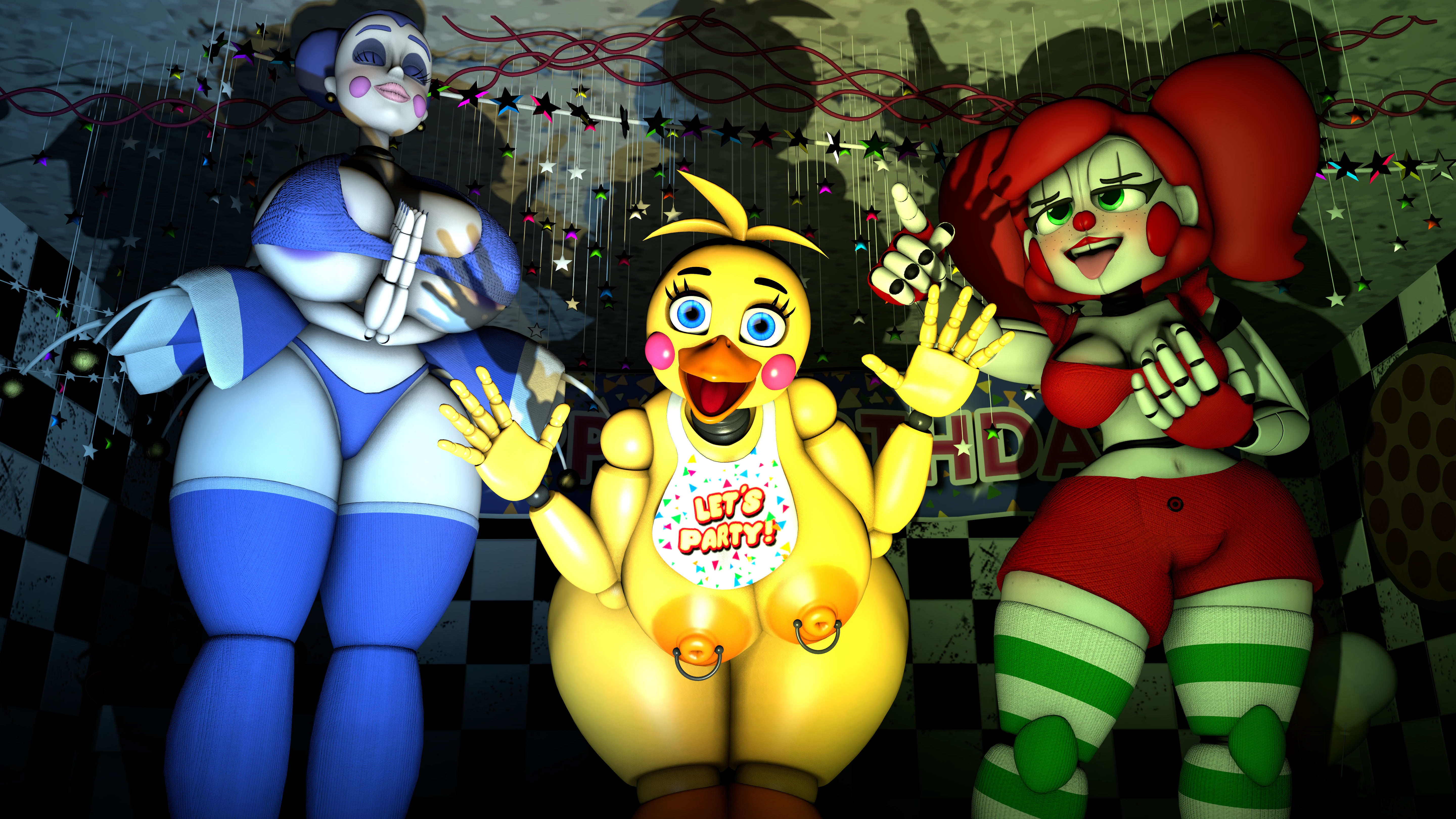 3d, 3girls, alternate version available, animatronic, animatronic female, animatronic suit, ass, au, baby (fnafsl), ballerina skirt, ballora, ballora (fnafsl), ballora (spiderjunior10), beak, bib, big ass, big breasts, bikini, bikini bottom, bikini top, blue eyes, blush, bra, breasts, circus baby, circus baby (fnaf), closed eyes, exposed breasts, female, female only, five nights at freddy's, five nights at freddy's 2, five nights at freddy's: sister location, fully clothed, green eyes, happy, heart-shaped pupils, huge breasts, lipstick, long socks, masked, neckline, piercing nipples, pircing, provocative, purpleyblack, red hair, red lipstick, runaboo chica, scenery, sfm, shorts, show, show stage, skirt, slim waist, smile, socks, source filmmaker, stage, striped socks, summer of 87 baby, taller female, thick, thick ass, thick thighs, thong, tongue, tongue out, toy chica (fnaf), trio female, twintails, uncensored, uncensored breasts, uncensored nipples, white body, white skin, yellow body, yellow skin