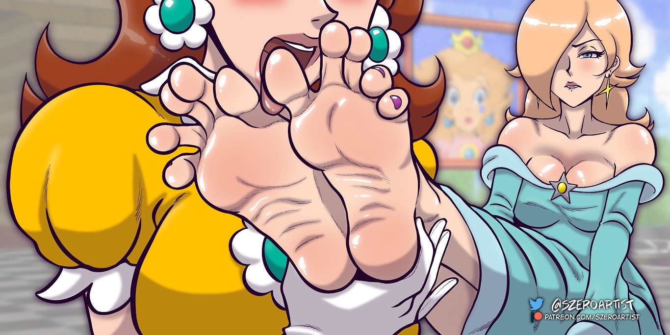 2girls, biting lip, blonde hair, blue eyes, brown hair, cleavage, feet, female, foot fetish, foot lick, foot worship, licking foot, licking toes, mario (series), pink toenails, princess daisy, princess rosalina, soles, super mario bros., szeroart, toe spread, toenail polish, toes, wrinkled feet, wrinkled soles