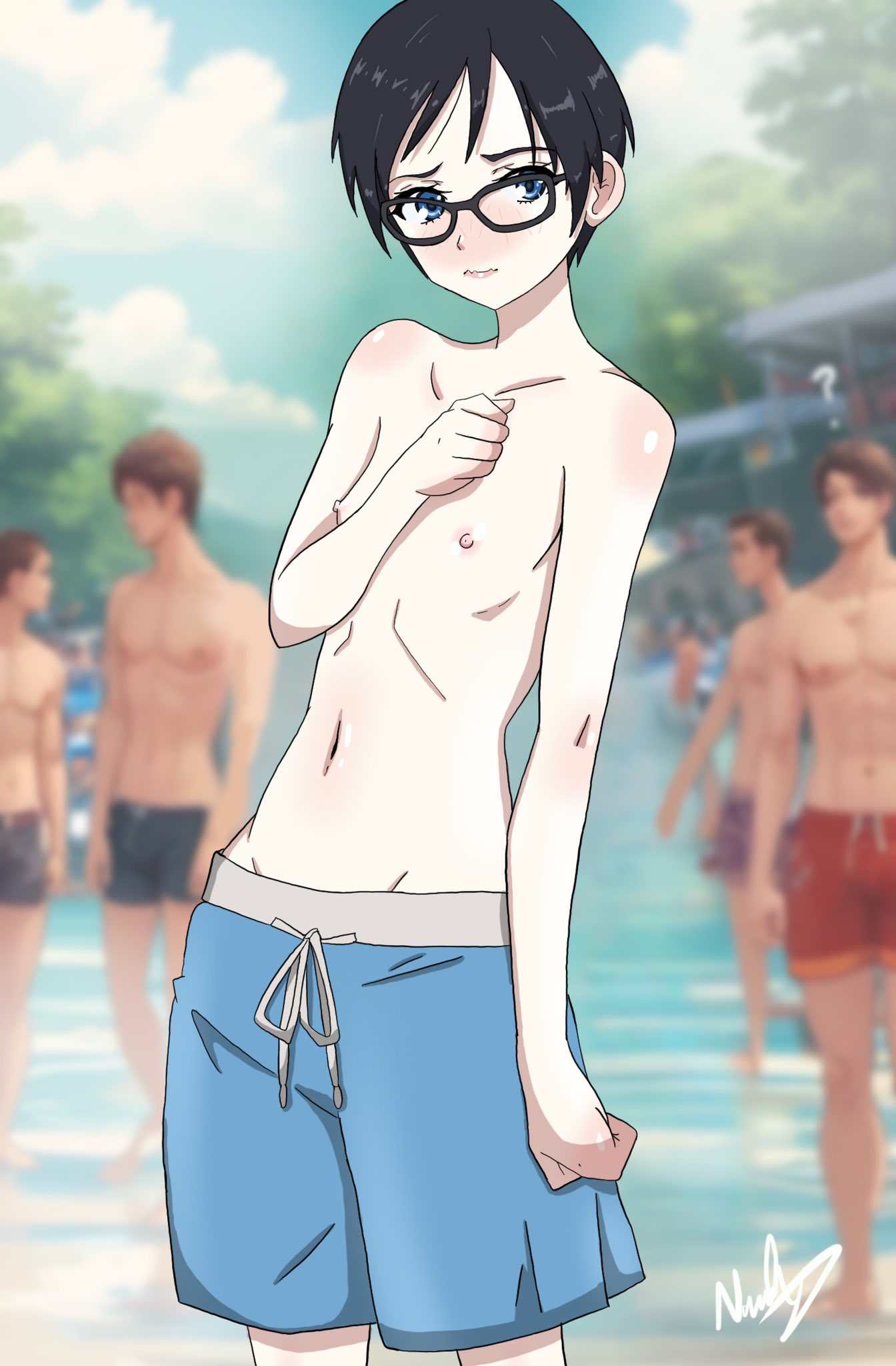 ?, 1girls, 2020s, 2024, 4boys, alice winters, areolae, bare shoulders, black hair, blue eyes, blurry background, blush, collarbone, embarrassed, embarrassed nude female, female, female focus, flat chest, hi res, looking at viewer, male, male swimwear, male swimwear challenge, nashdnash2007, navel, nipples, nose blush, nude, nude female, original, outdoors, pale skin, pale-skinned female, public topless, short hair, signature, stomach, topless, topless female, topless male, twitter, wavy mouth