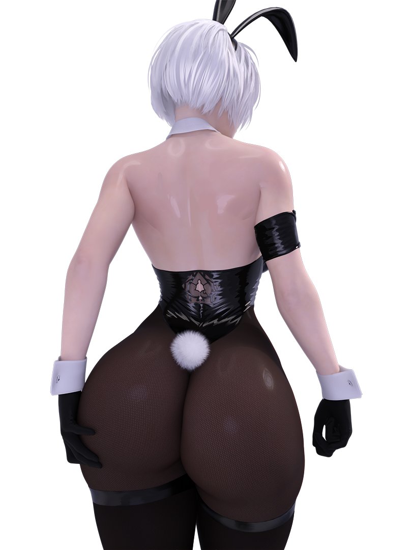1girls, 3d, 3d (artwork), ass, ass grab, big ass, breasts, bubble ass, bubble butt, bunny costume, bunny ears, bunny girl, bunny tail, bunnysuit, butt grab, female, female focus, female only, huge ass, light skin, light-skinned female, nier, nier (series), nier: automata, popogori, queen of spades, solo, white background, white hair, yorha 2b