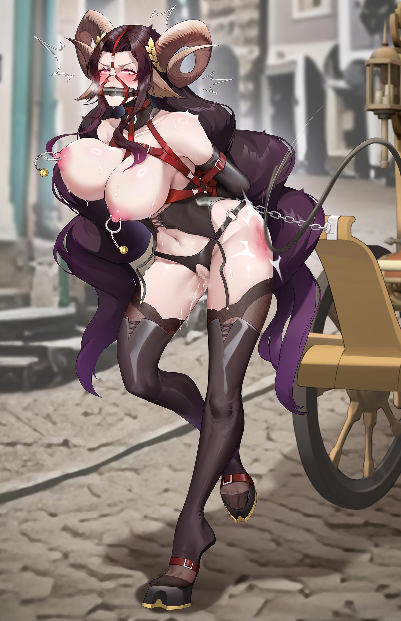 artist request, big breasts, bit gag, bondage, bondage gear, bound, bound wrists, breasts, carriage, cumming, exposed pussy, female, femsub, forced labor, gins, harness, horns, long hair, mature female, nipple bells, nipple piercing, nipples, piercing, pony play, ponyplay, purple hair, pussy, submissive female, thighhighs, whip, whip marks