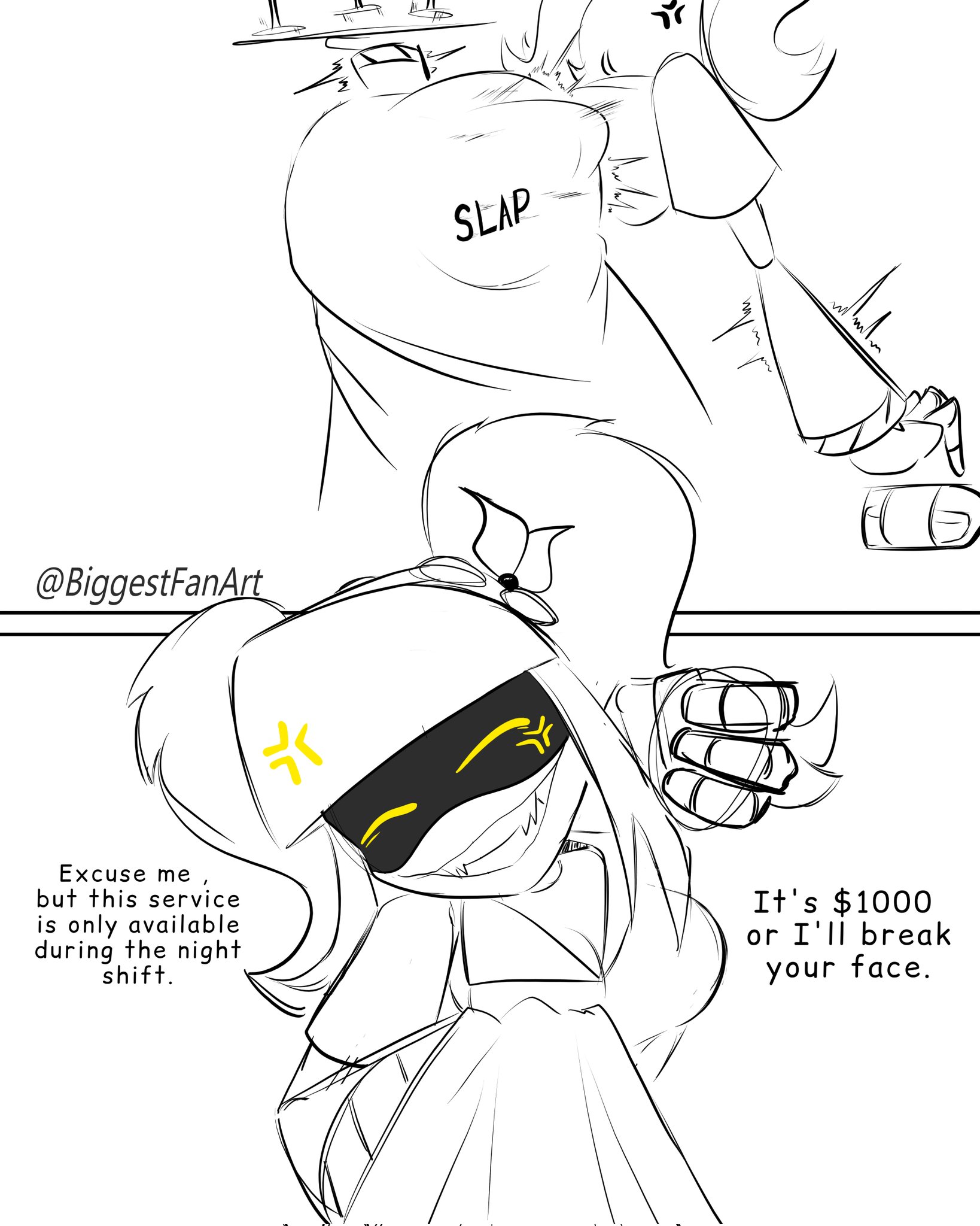 “that wasnt me that was thad!”, 1girls, anger vein, angry, ass, ass focus, ass slap, big ass, biggestfanart, comic, english text, female, femdom, glitch productions, j (murder drones), murder drones, pigtails, robot, robot girl, robot humanoid, slapping ass, tagme, talking to viewer, waitress