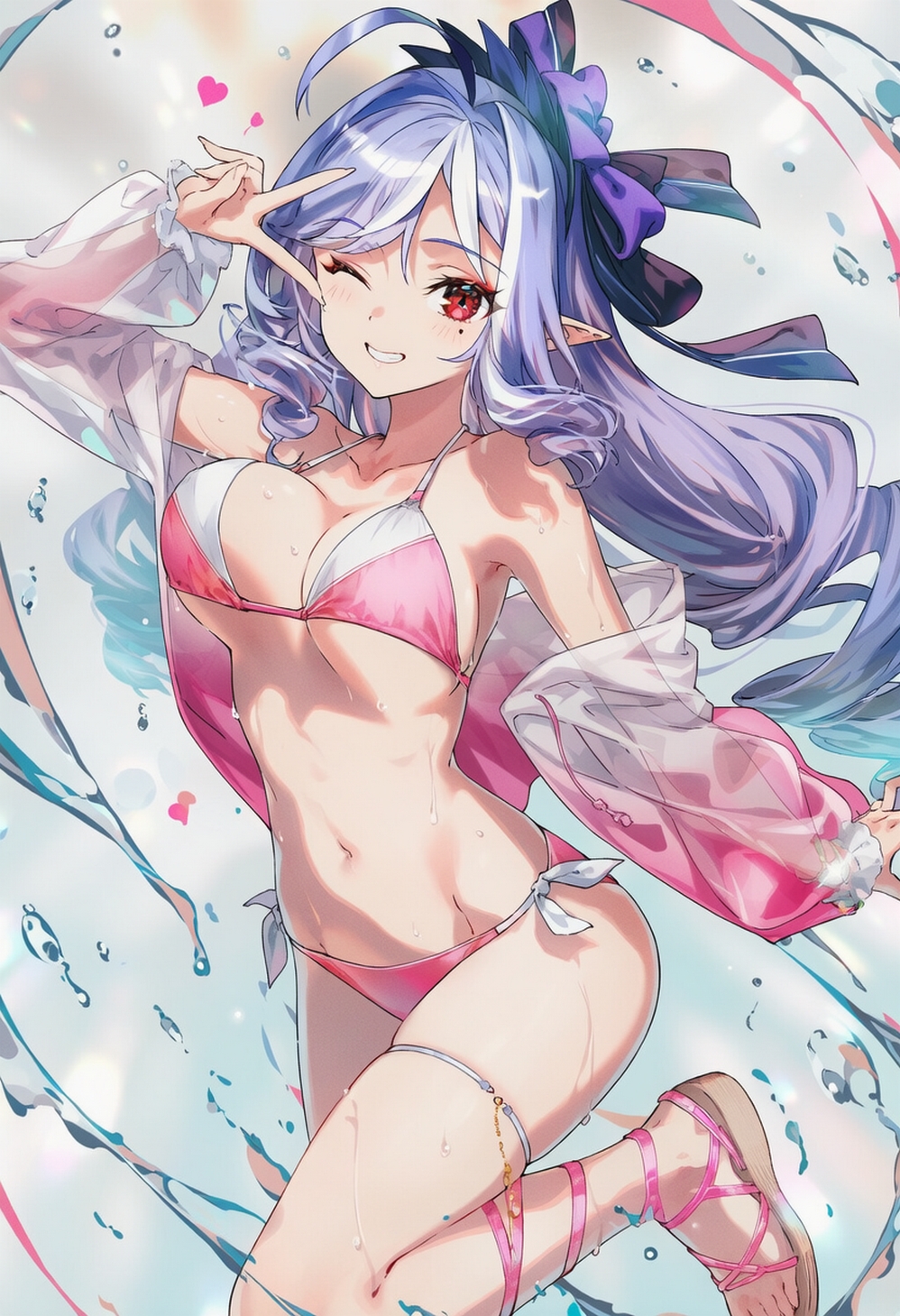 ai generated, bikini, breasts, curvy body, curvy female, curvy figure, elf ears, female, female only, one eye closed, peace sign, purple hair, raaicave, red eyes, sandals, vivian (zenless zone zero), vivian banshee, zenless zone zero