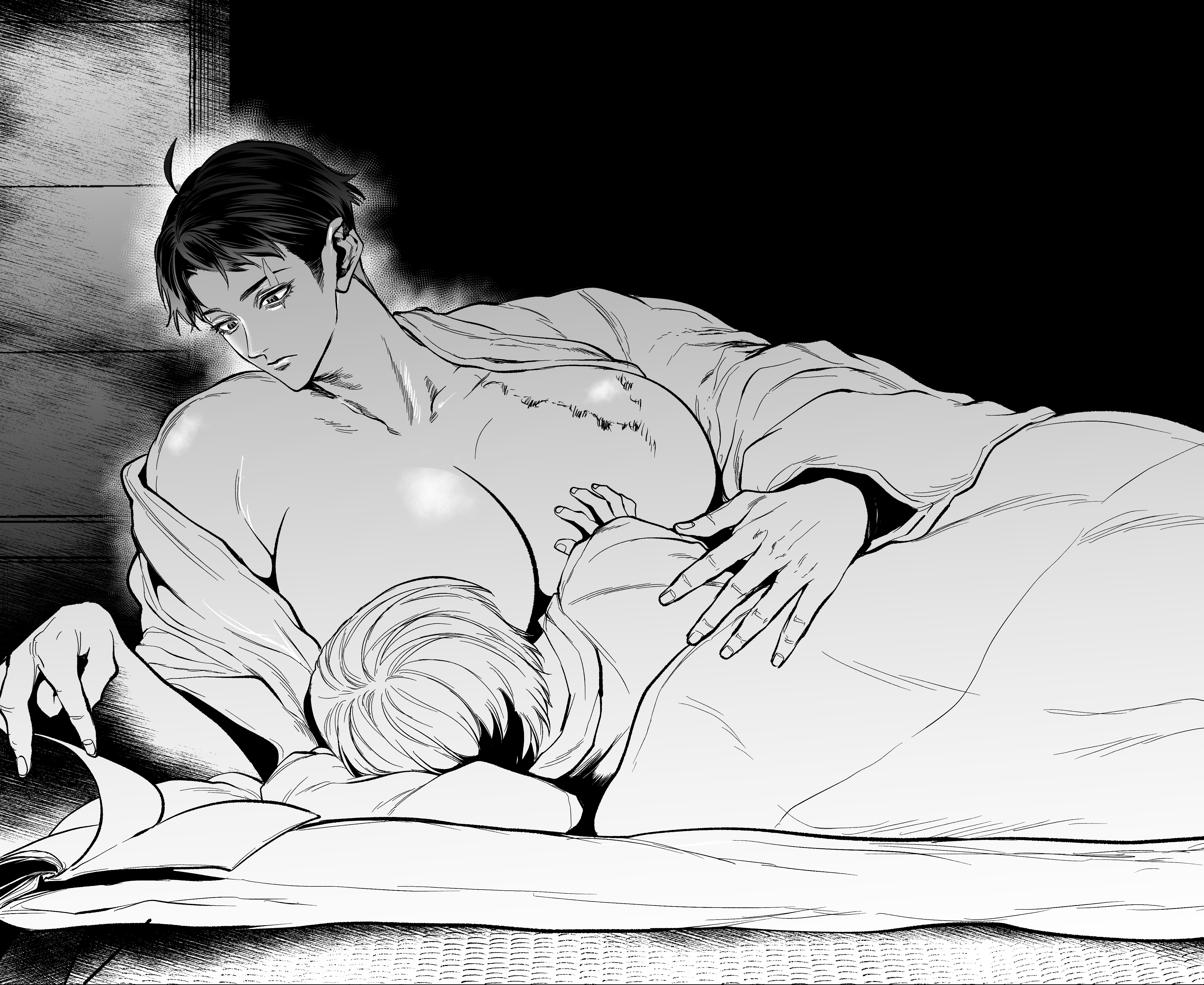 1boy, 1girls, 2d, adoptive mother, big breasts, breast sucking, breastfeeding, breasts, cleavage, facial scar, female, female focus, gegege no kitarou, genderswap, genderswap (mtf), huge breasts, in bed, kimono, kitarou, kitarou tanjou gegege no nazo, male, mature, mature female, milf, mizuki (gegege no kitarou), monochrome, on bed, on side, reading, rule 63, scar, scar on face, scars, short hair, tamutamuzutemu, very short hair