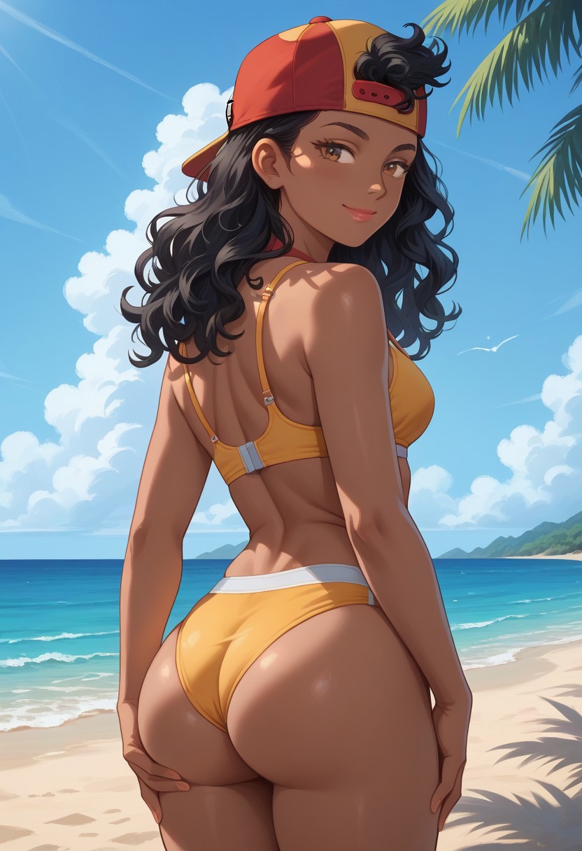 ai generated, ass, beach, bikini, brawl stars, cap, civitai, female, looking at viewer, looking back, meg (brawl stars), outdoors, smile, smiling, smiling at viewer, supercell, swimsuit