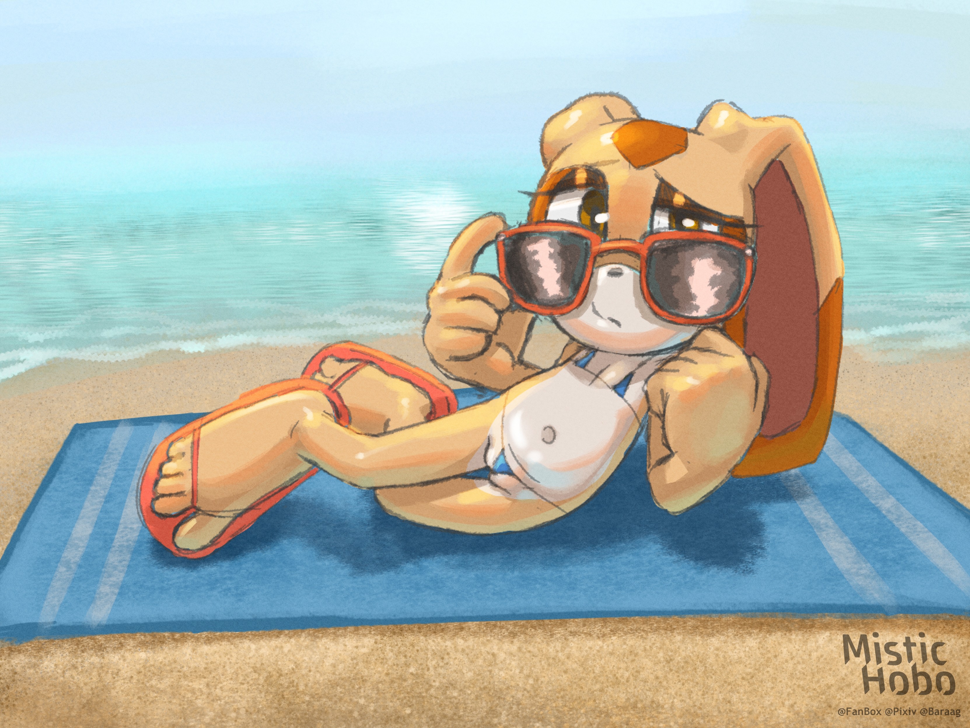 1girls, 2025, animal ears, anthro, anthro female, anthro only, anthro solo, artist name, beach, beach towel, big ass, bikini, breasts, brown eyes, brown nose, bunny, bunny girl, clothed, clothing, countershade torso, countershading, cream the rabbit, cub, digital drawing (artwork), digital media (artwork), dipstick ears, eyebrows, eyelashes, eyewear, feet, female, female cub, female only, flip flops, floppy ears, footwear, fur, furry, furry female, furry only, genitals, girly, half-closed eyes, lagomorph, long ears, looking at viewer, lying, mammal, mistic hobo (artist), mobian (species), multicolored body, multicolored ears, multicolored face, multicolored skin, narrowed eyes, navel, ocean, on side, orange skin, outside, rabbit, rabbit ears, rabbit girl, sandals, sea, sega, small breasts, solo, solo anthro, solo female, solo focus, sonic (series), sonic team, sonic the hedgehog (series), sunglasses, swimsuit, swimwear, tan body, tan fur, tan skin, towel, two-tone body, two-tone ears, two-tone skin, video games, white body, white countershading, white skin, young, young anthro, young female