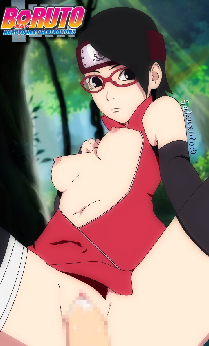 1boy, 1girls, black eyes, black hair, boruto: naruto next generations, breasts, breasts out, censored, clothed sex, faceless male, female, female focus, glasses, looking at viewer, male, male pov, male/female, mosaic censoring, naruto, naruto (series), nipples, no underwear, open clothes, outdoors, penetrating pov, penetration, penis, pov, pussy, sarada uchiha, satsudraws, sex, spread legs, straight, vaginal penetration, vaginal sex