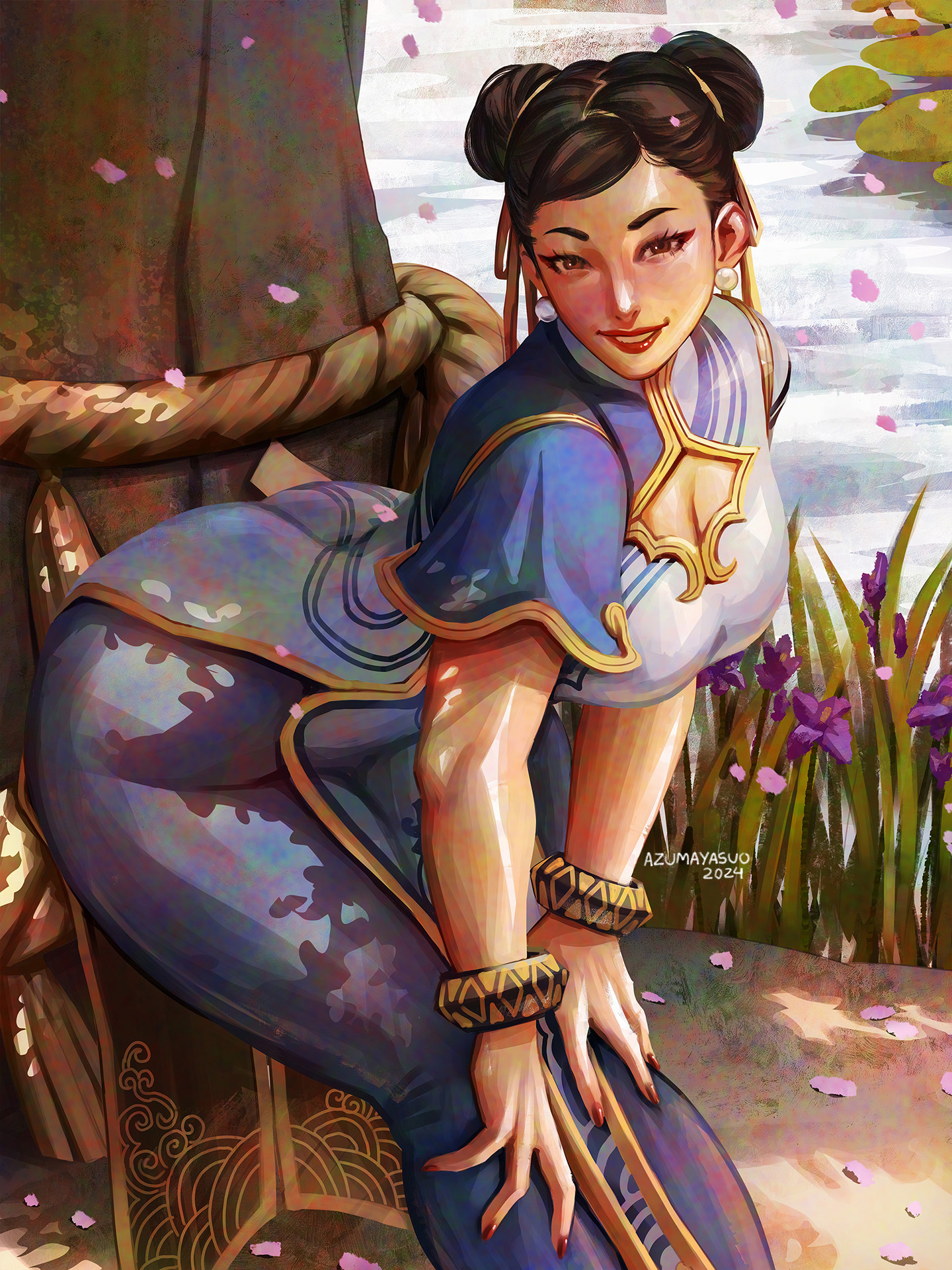 1girls, 2d, 2d (artwork), against tree, artist name, asian, asian female, ass, azuma yasuo, azumaarts, big ass, big butt, brown hair, brunette hair, capcom, chinese, chinese female, chun-li, cleavage, clothed, clothed female, earrings, female, female only, fully clothed, hair buns, heroine, human, human only, large ass, large butt, light skin, light-skinned female, milf, nail polish, questionable, red nails, sfw, solo, solo female, street fighter, street fighter 6, thick, thick ass, thick thighs, thighs, tree