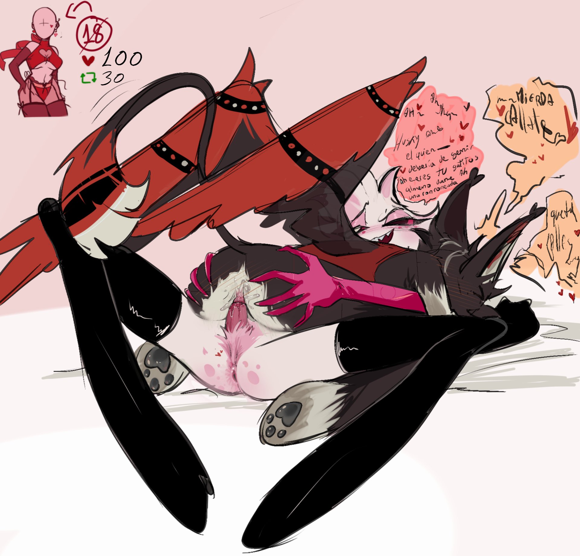 2boys, anal, anal penetration, anal sex, angel dust (hazbin hotel), anthro, anthro on anthro, blush, cat humanoid, gay, gay anal, gay sex, genital fluids, grabbing ass, hazbin hotel, husk (hazbin hotel), learn to tag, male, male only, male/male, no balls, penis, spanish text, speech bubble, tagme, text, wings