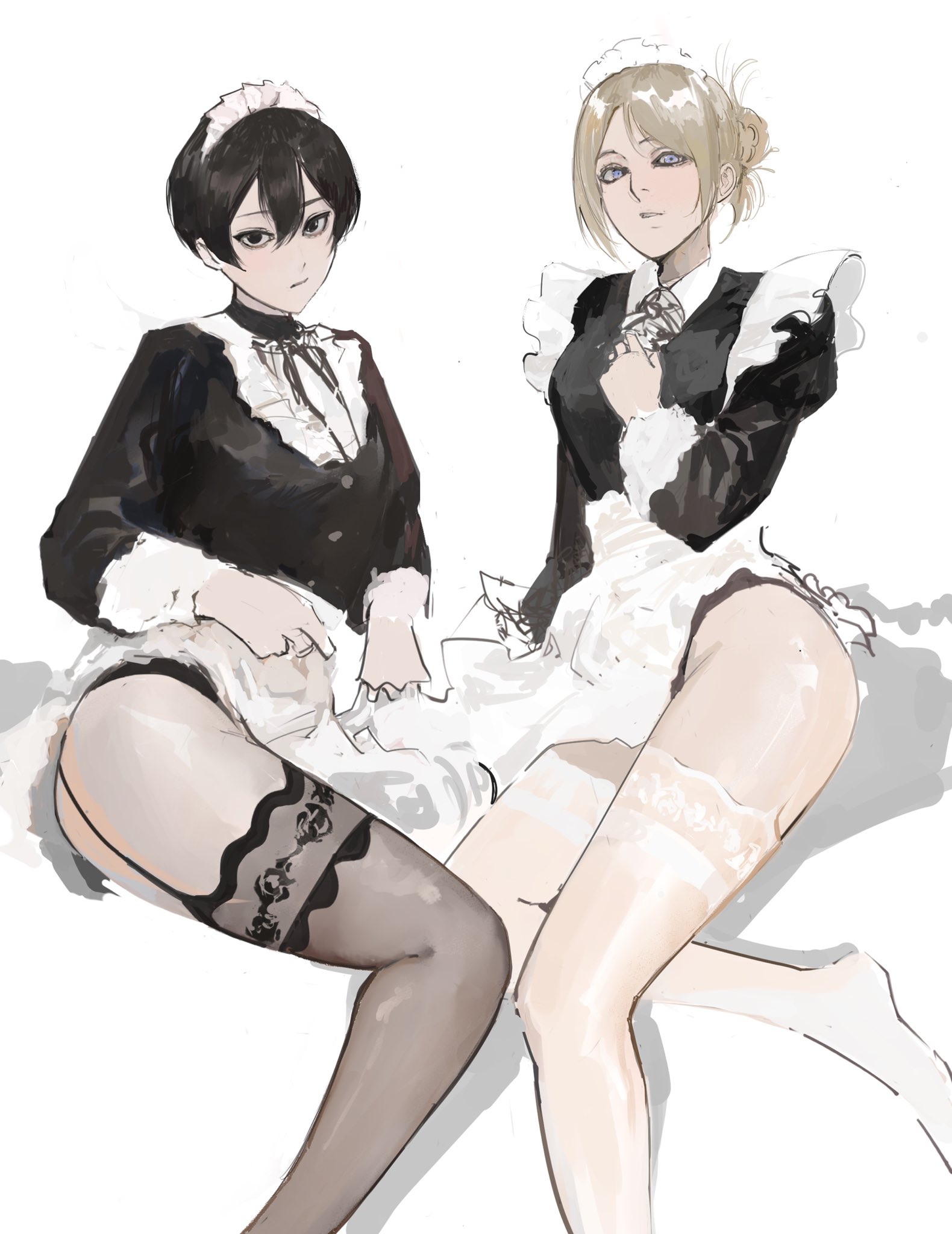 2girls, annie leonhardt, attack on titan, black hair, blonde female, blonde hair, dark hair, female, female only, linkim, maid, maid headdress, maid outfit, maid uniform, mikasa ackerman, shingeki no kyojin, thick, thick thighs, thigh highs, thighhighs, thighs