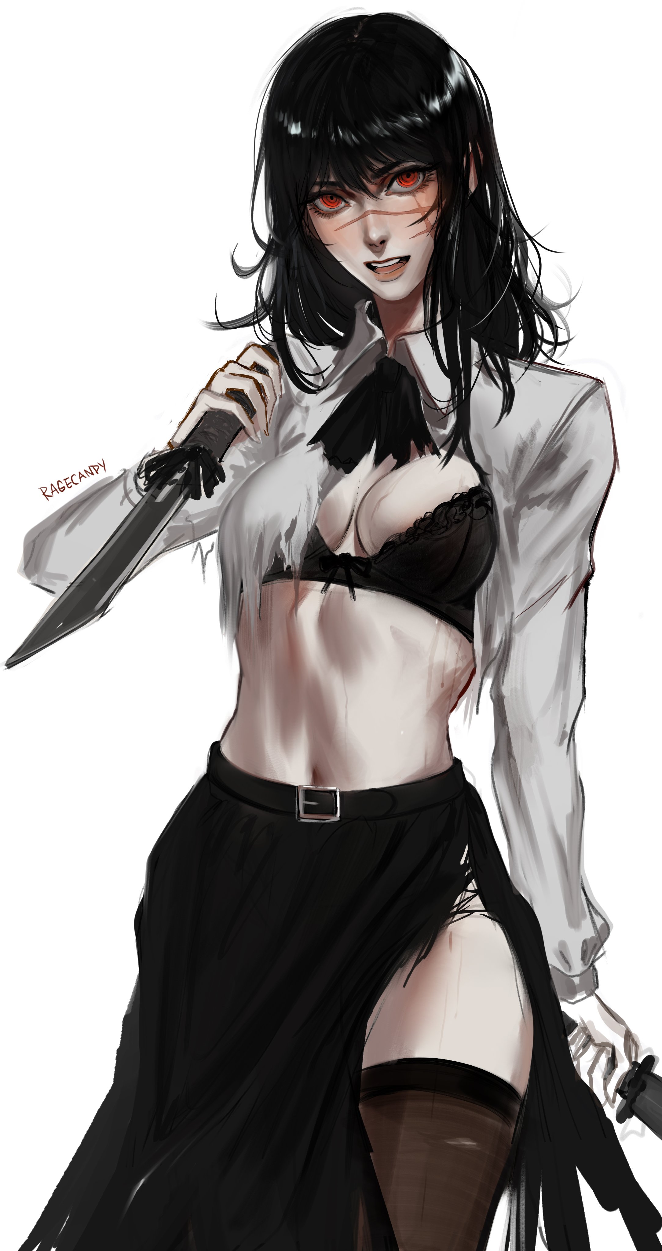 1girls, belly, belly button, big breasts, black hair, bra, breasts, busty, chainsaw man, dark hair, female, female only, knife, large breasts, light skin, light-skinned female, mitaka asa, pale skin, pale-skinned female, ragecndy, scar, scar on face, scarred, scarred face, scars, scars on face, shounen jump, spiral eyes, tagme, thick, thigh highs, thighhighs, thighs, tummy, weapon, yoru (chainsaw man)