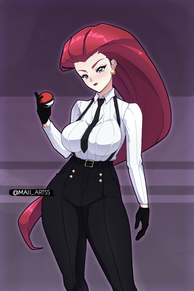1girls artist_name big_breasts blue_eyes busty curvy dress_shirt earrings jessie_(pokemon) light-skinned_female light_skin maii_artss pokeball pokemon red_hair suspenders tie