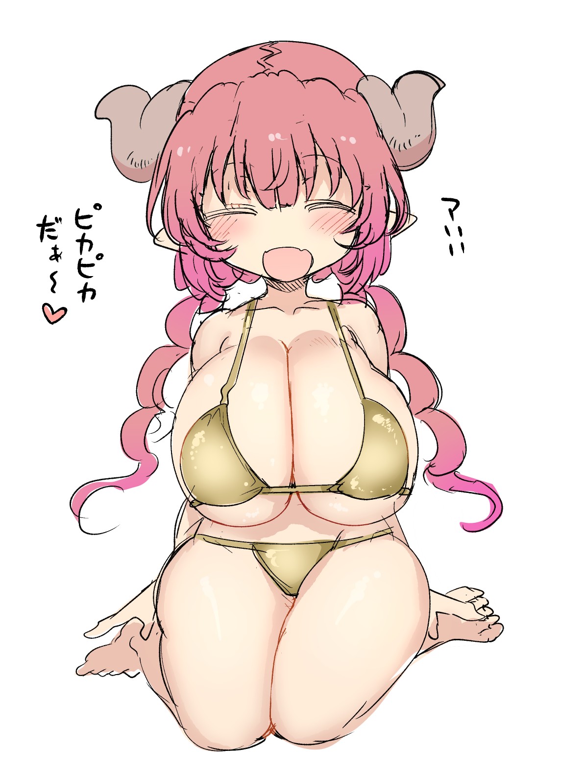 1girls, 2d, big breasts, bikini, bikini bottom, bikini top, blush, blush lines, blushing female, breasts, cleavage, closed eyes, closed eyes smile, cool-kyou shinja, curvy, curvy body, curvy female, curvy figure, digital media, dragon, dragon girl, dragon horns, dragon humanoid, female, female humanoid, female only, gold bikini, golden week, golden week bikini, happy, happy female, heart, hi res, high resolution, highres, horn, horned female, horned humanoid, horns, hourglass figure, huge breasts, ilulu, ilulu (dragon maid), ilulu (maidragon), ilulu (miss kobayashi's dragon maid), japanese, japanese dialogue, japanese text, kobayashi-san chi no maidragon, large breasts, light skin, light-skinned female, long hair, miss kobayashi's dragon maid, no humans, official art, on knees, open mouth, open mouth smile, pink hair, pointy ears, purple highlights, short stack, shortstack, simple background, sketch, small but busty, smile, solo, swimsuit, text, thick thighs, thighs, thighs together, twin braids, twintails, voluptuous, voluptuous female, white background, wide hips